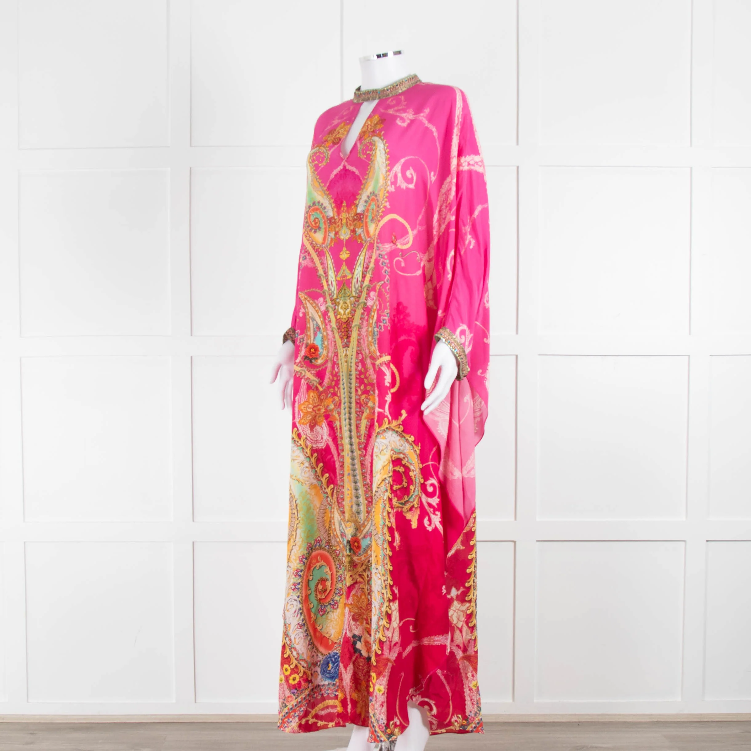 Camilla Pink Orange Green Paisley Print Beaded Silk Kaftan Dress - Image 8