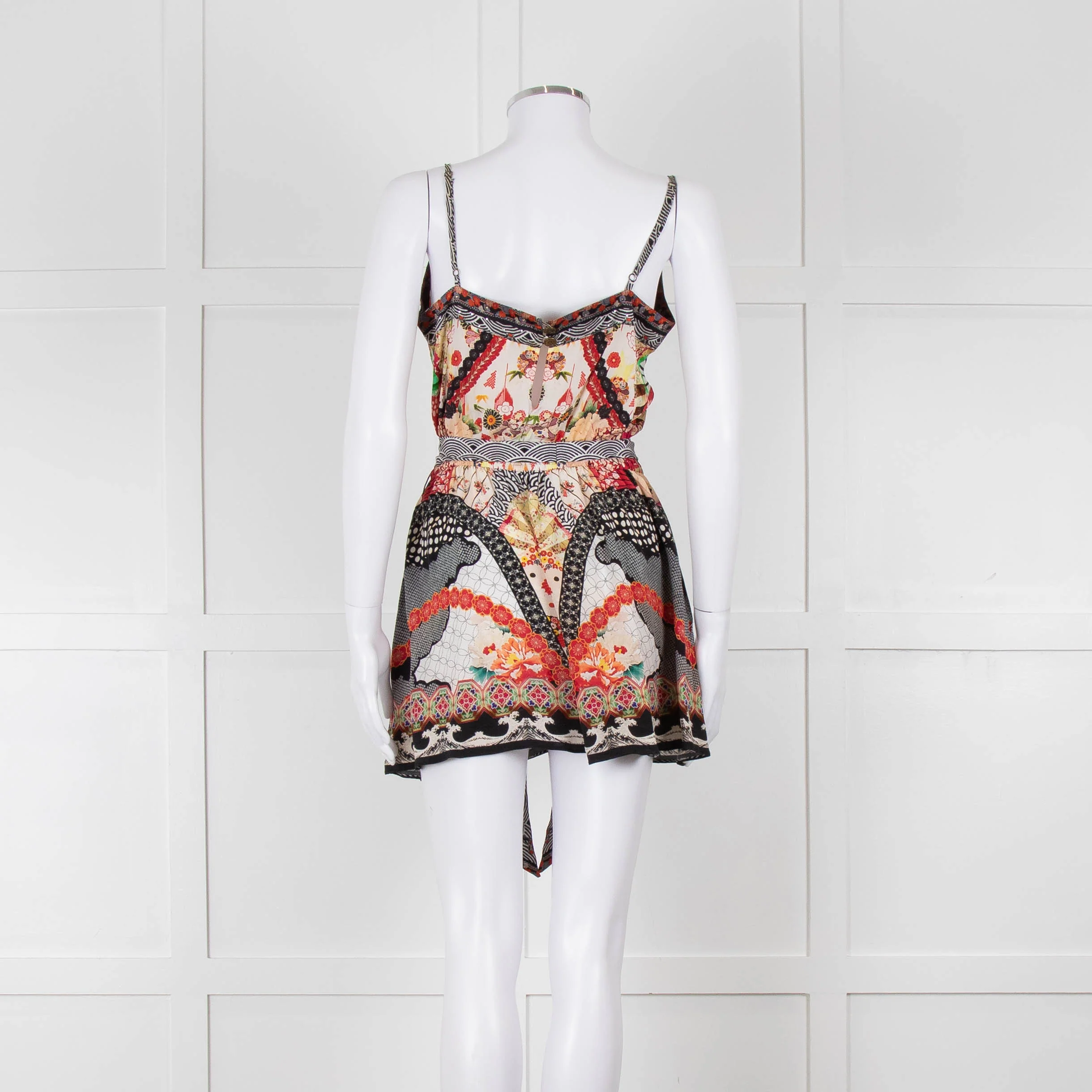 Camilla Silk Playsuit in Red and Black Pattern with Belted Waist - Image 5