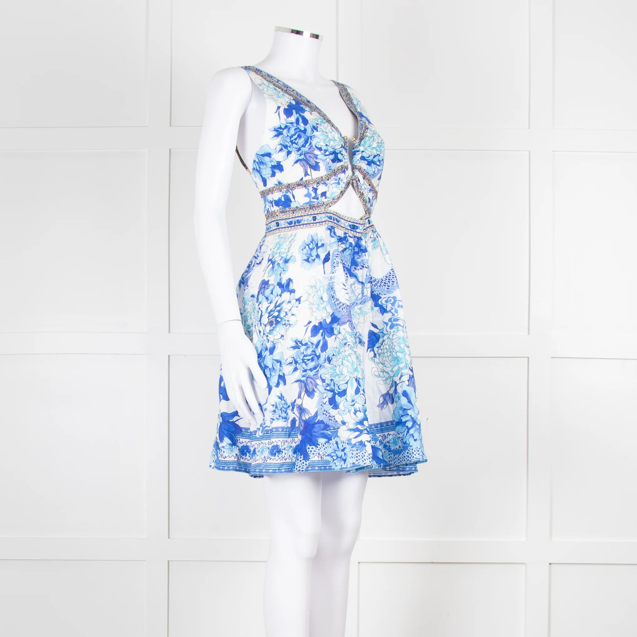 Camilla White Blue Linen V Neck Cut out Embellished Mini Dress - Image 2