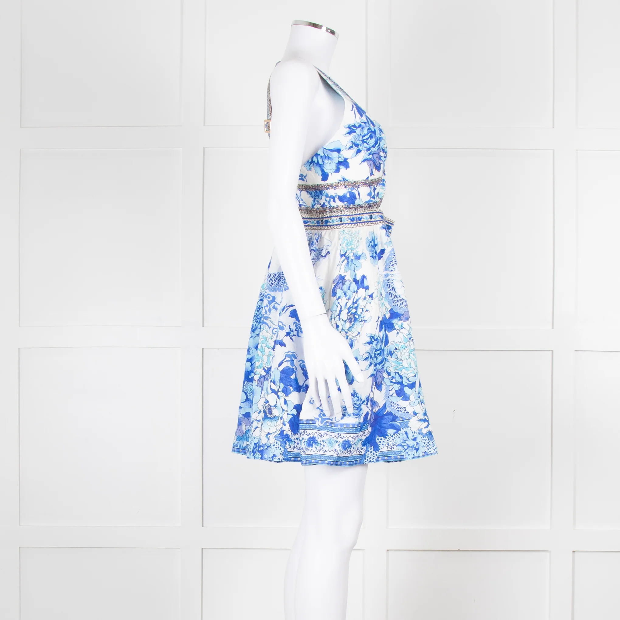 Camilla White Blue Linen V Neck Cut out Embellished Mini Dress - Image 3