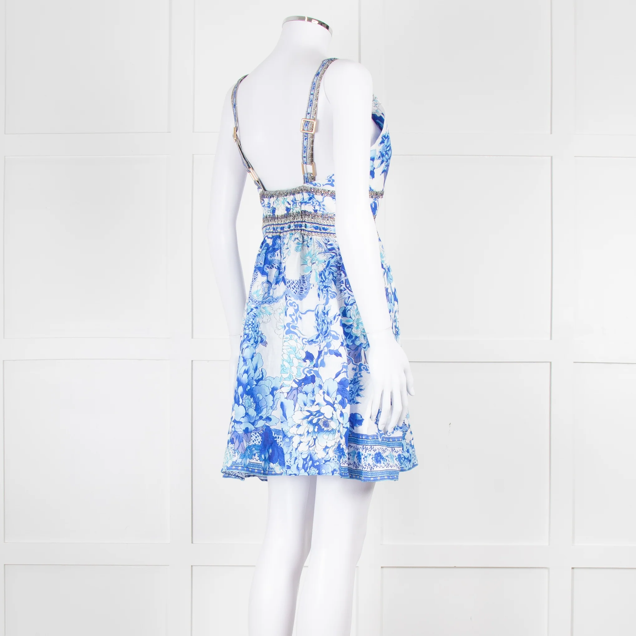 Camilla White Blue Linen V Neck Cut out Embellished Mini Dress - Image 4