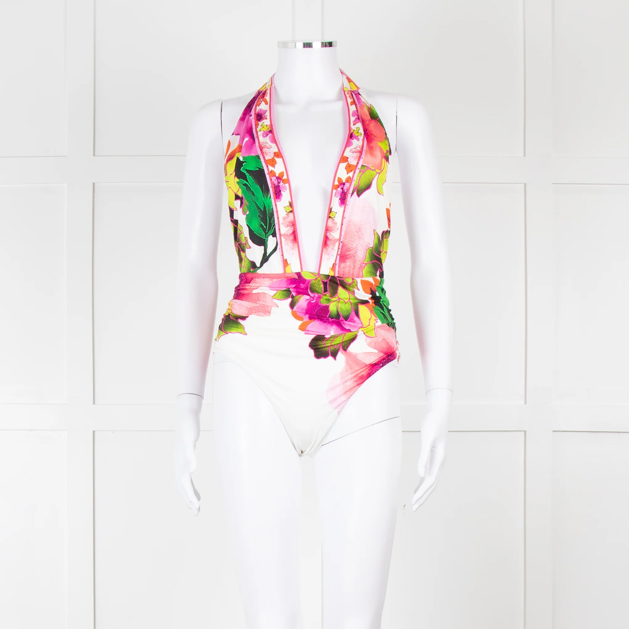 Camilla White Pink Green Floral Plunge Neck Swimsuit