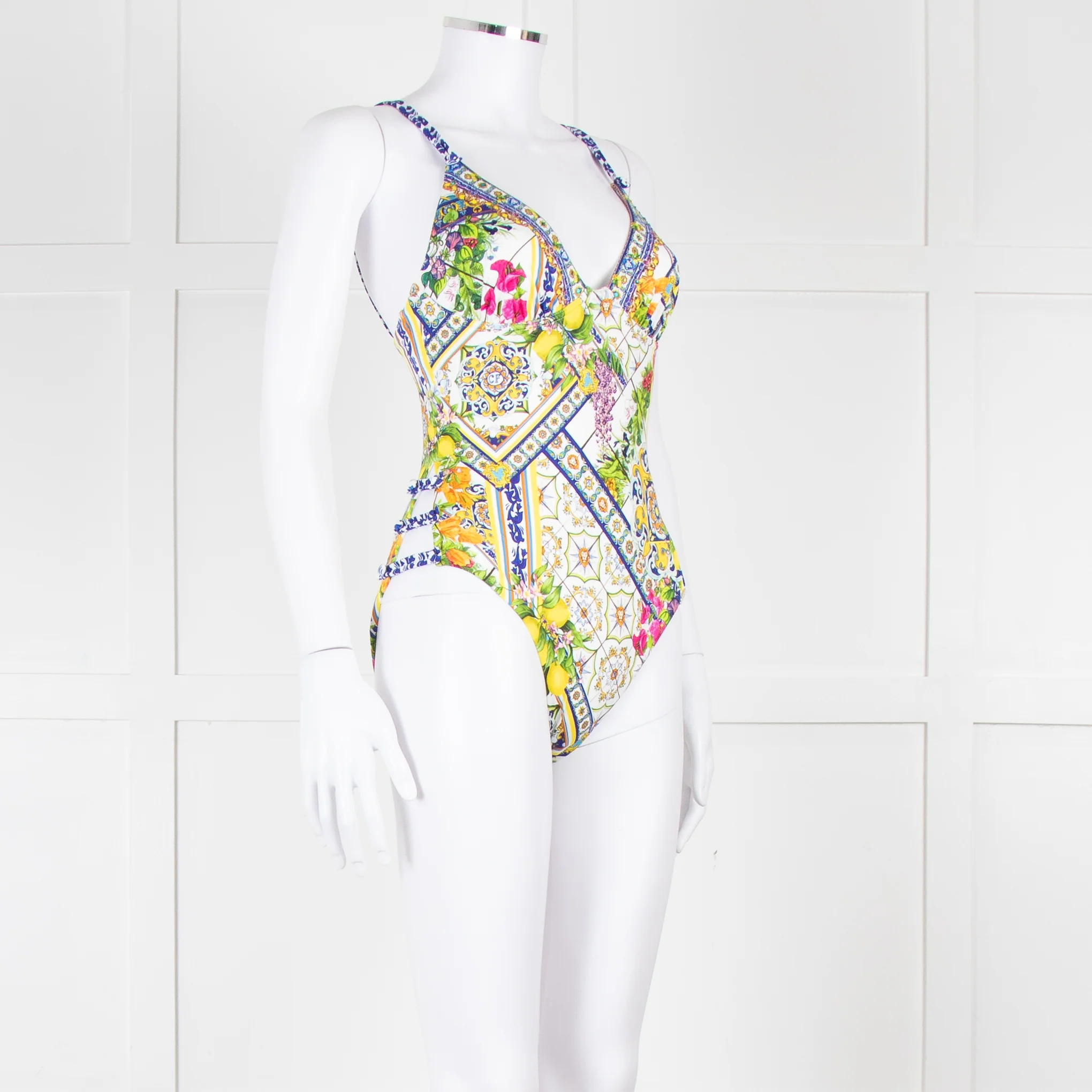 Camilla White Yellow Blue Multi Print Button Detail Swimsuit - Image 8