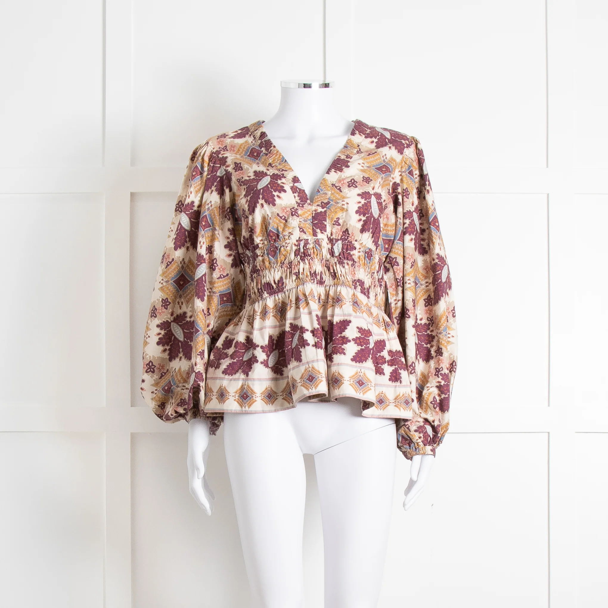 Cara Cara Cream Burgundy Brown Elasticated Waist Long Sleeve Cotton Top
