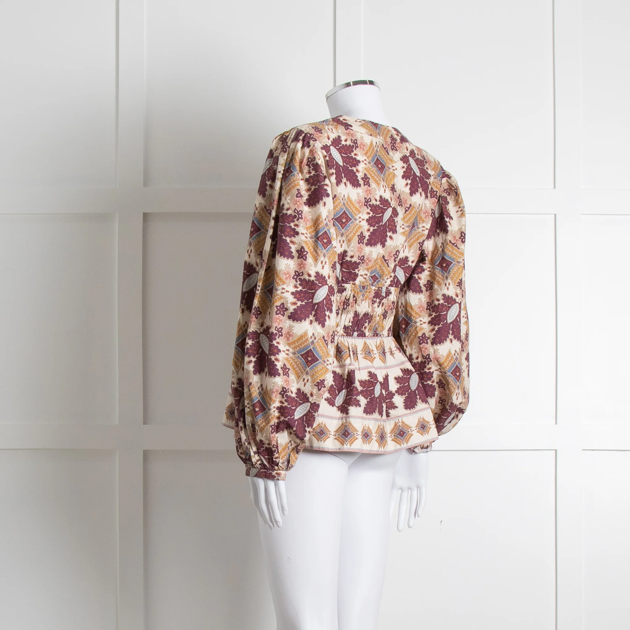 Cara Cara Cream Burgundy Brown Elasticated Waist Long Sleeve Cotton Top - Image 6