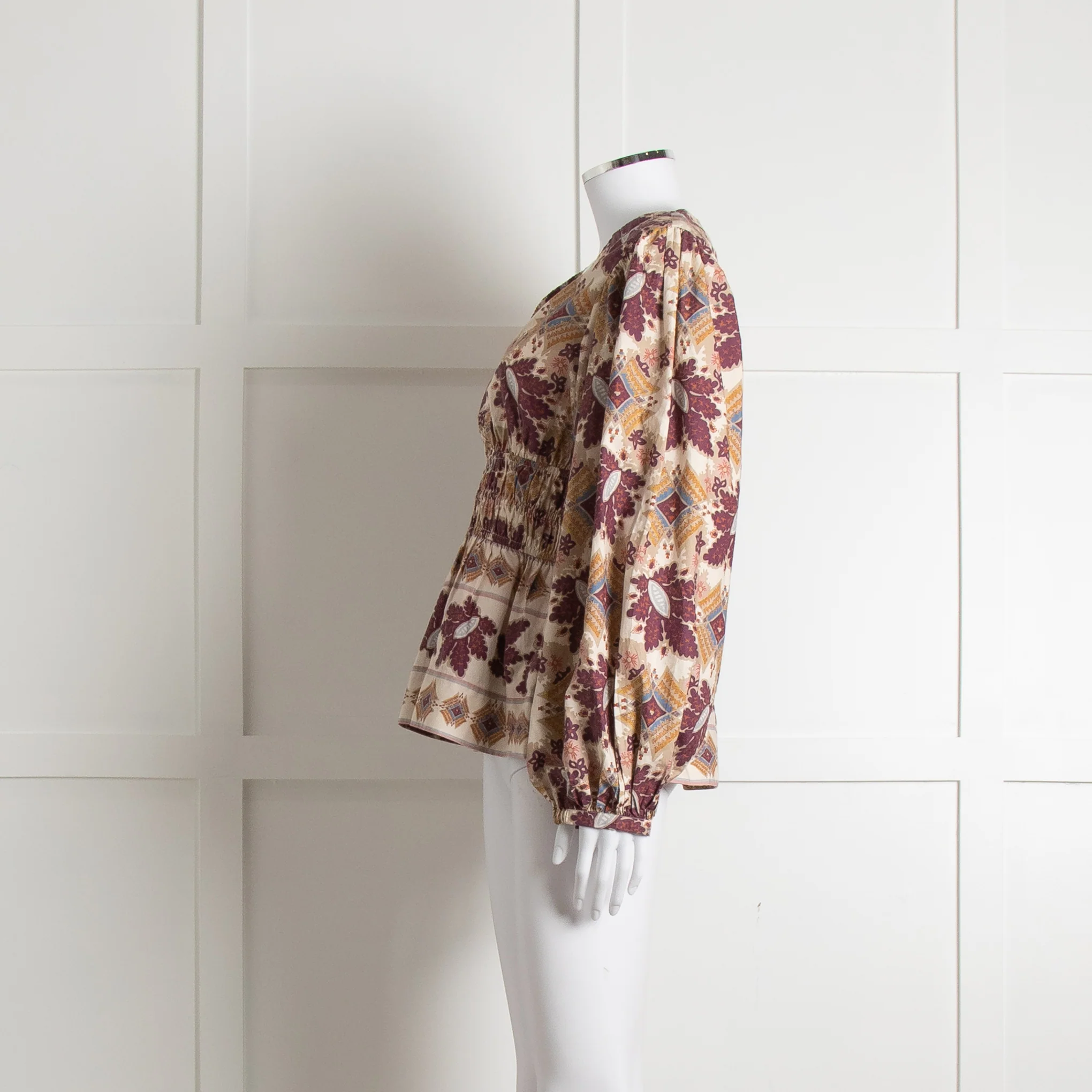 Cara Cara Cream Burgundy Brown Elasticated Waist Long Sleeve Cotton Top - Image 7