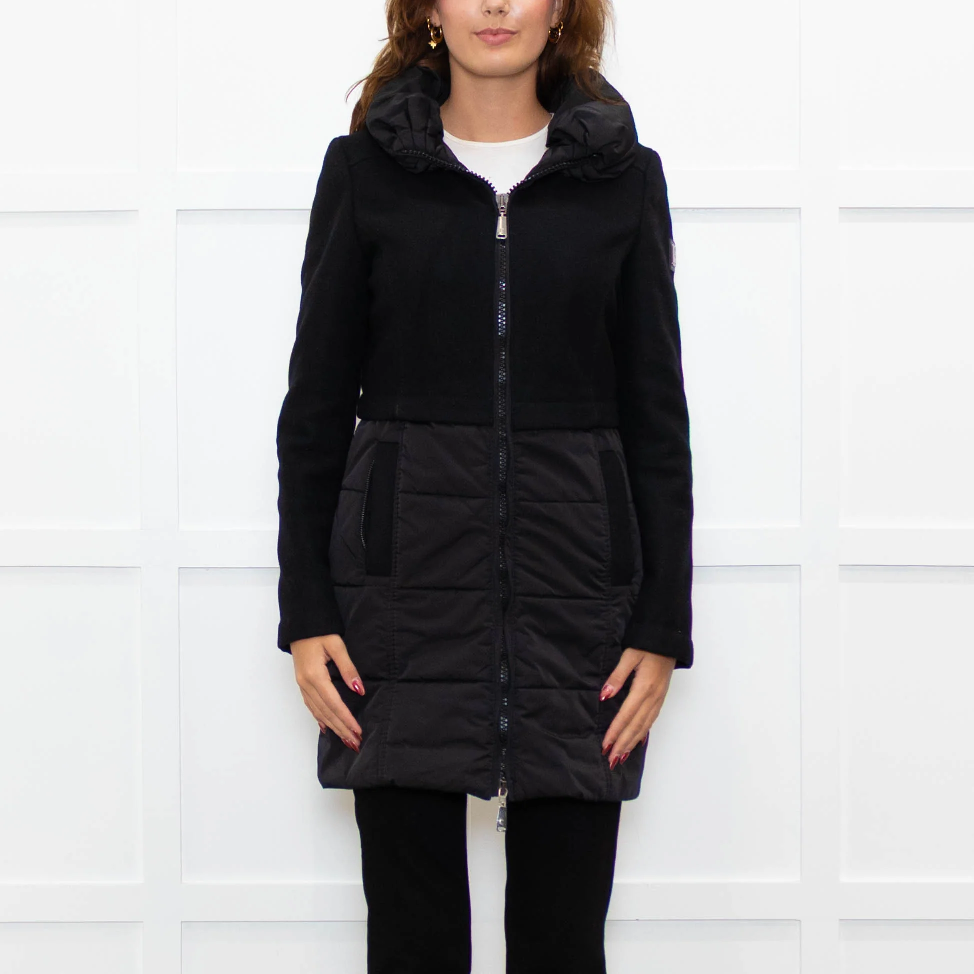 Caractere Black Wool Mix - Puffa KneelengthCoat With Hood - Image 2