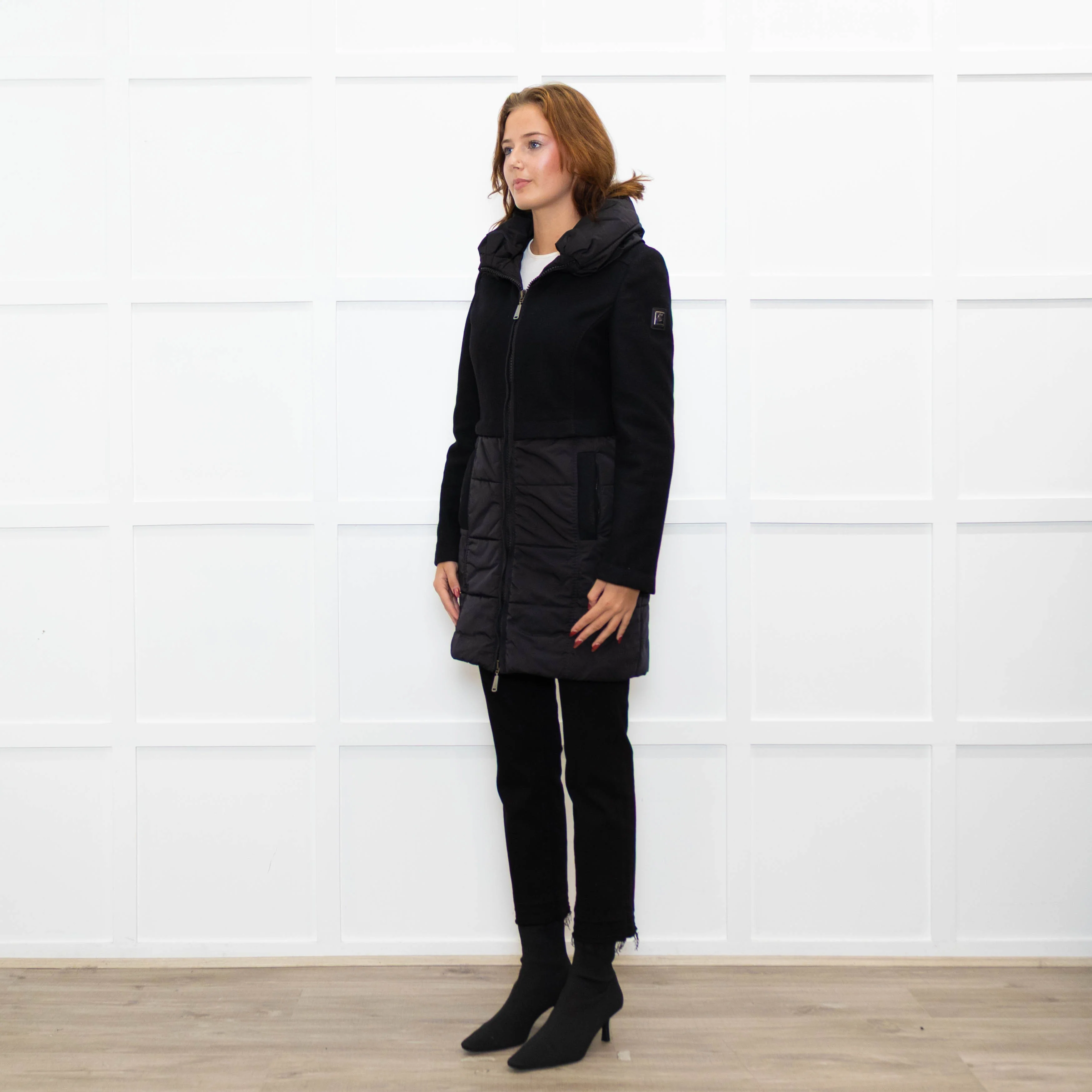 Caractere Black Wool Mix - Puffa KneelengthCoat With Hood - Image 3