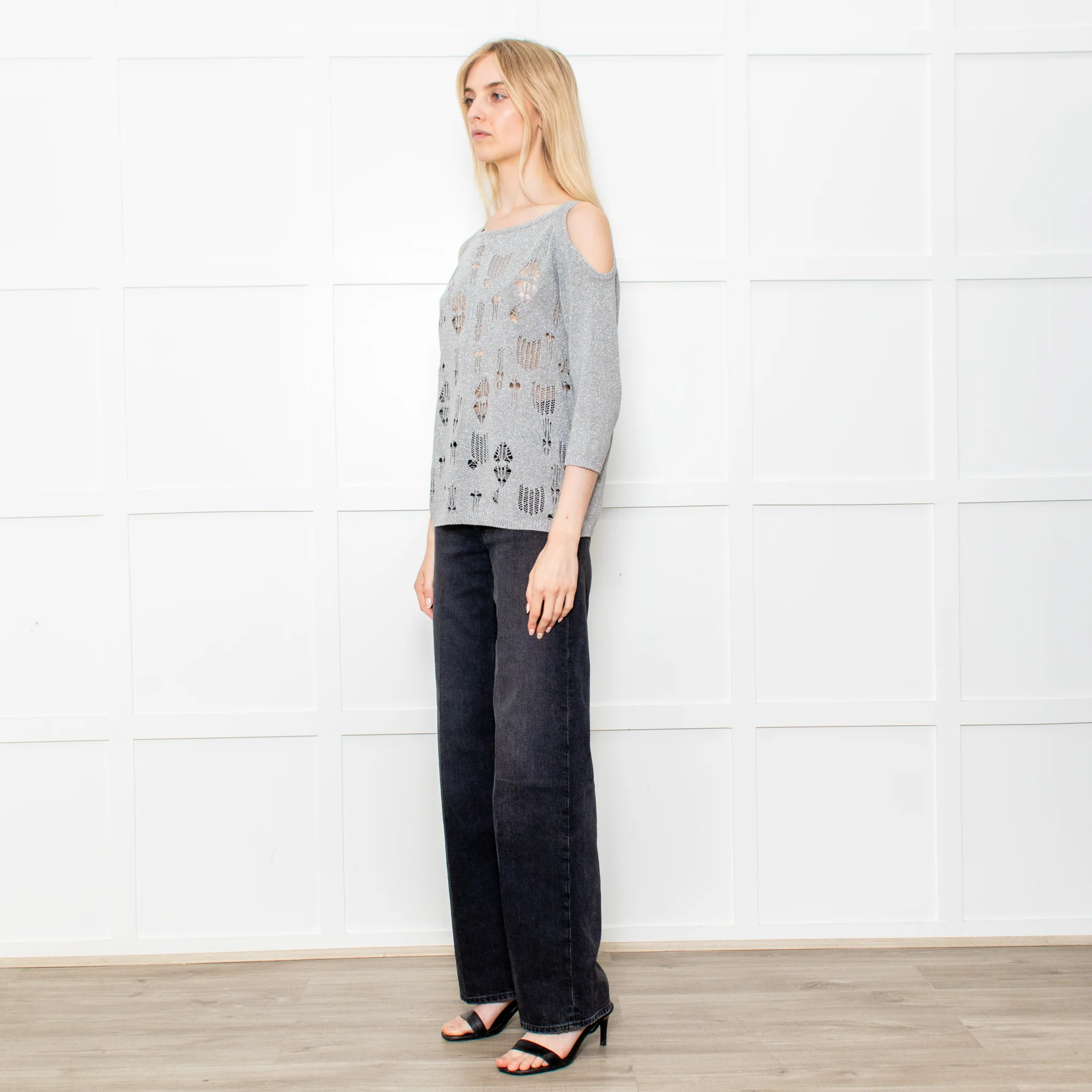Caractere Silver Metallic Crochet Knit Cold Shoulder Top - Image 3