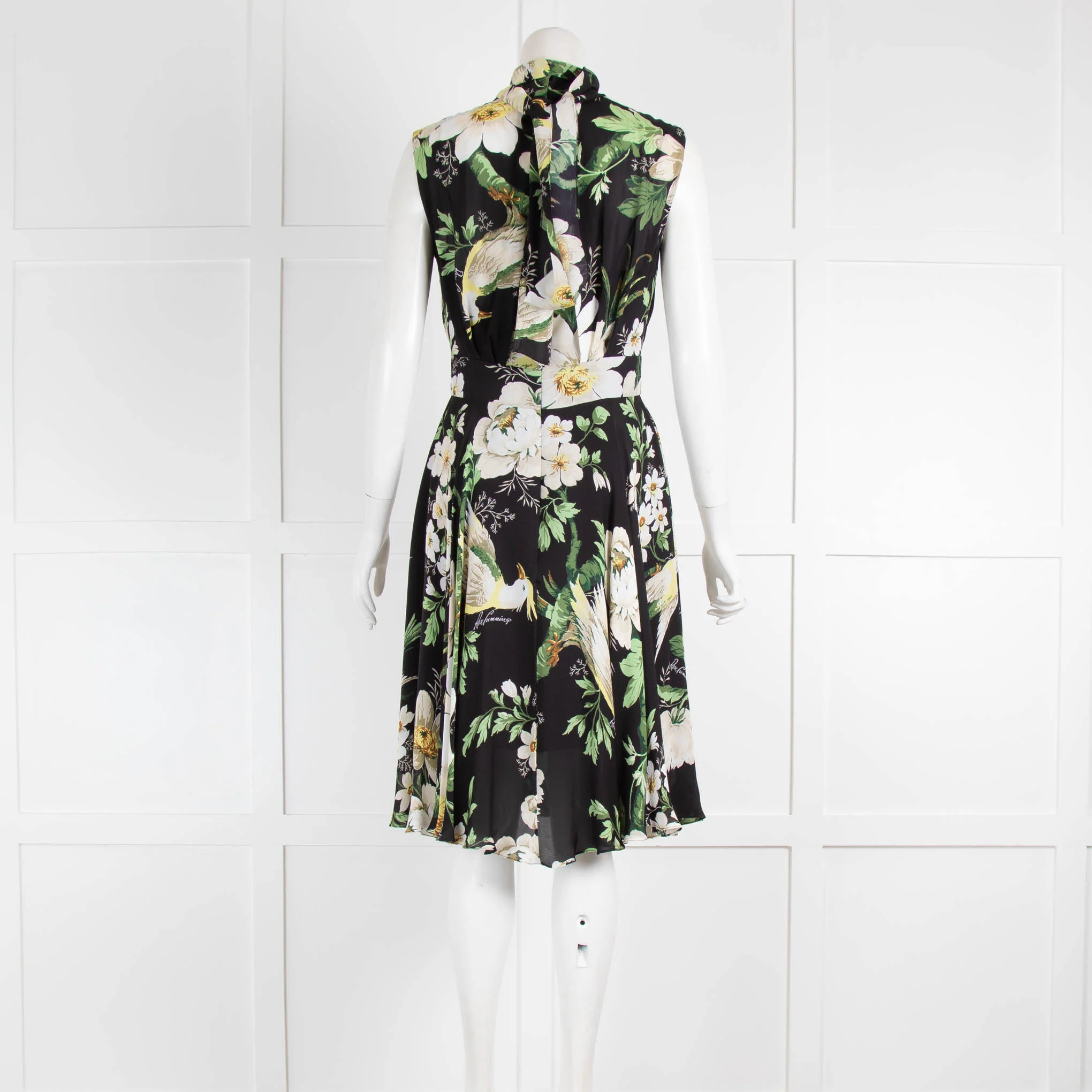 Carolina Herrera Black Green Floral Tie Neck Sleeveless Dress - Image 3