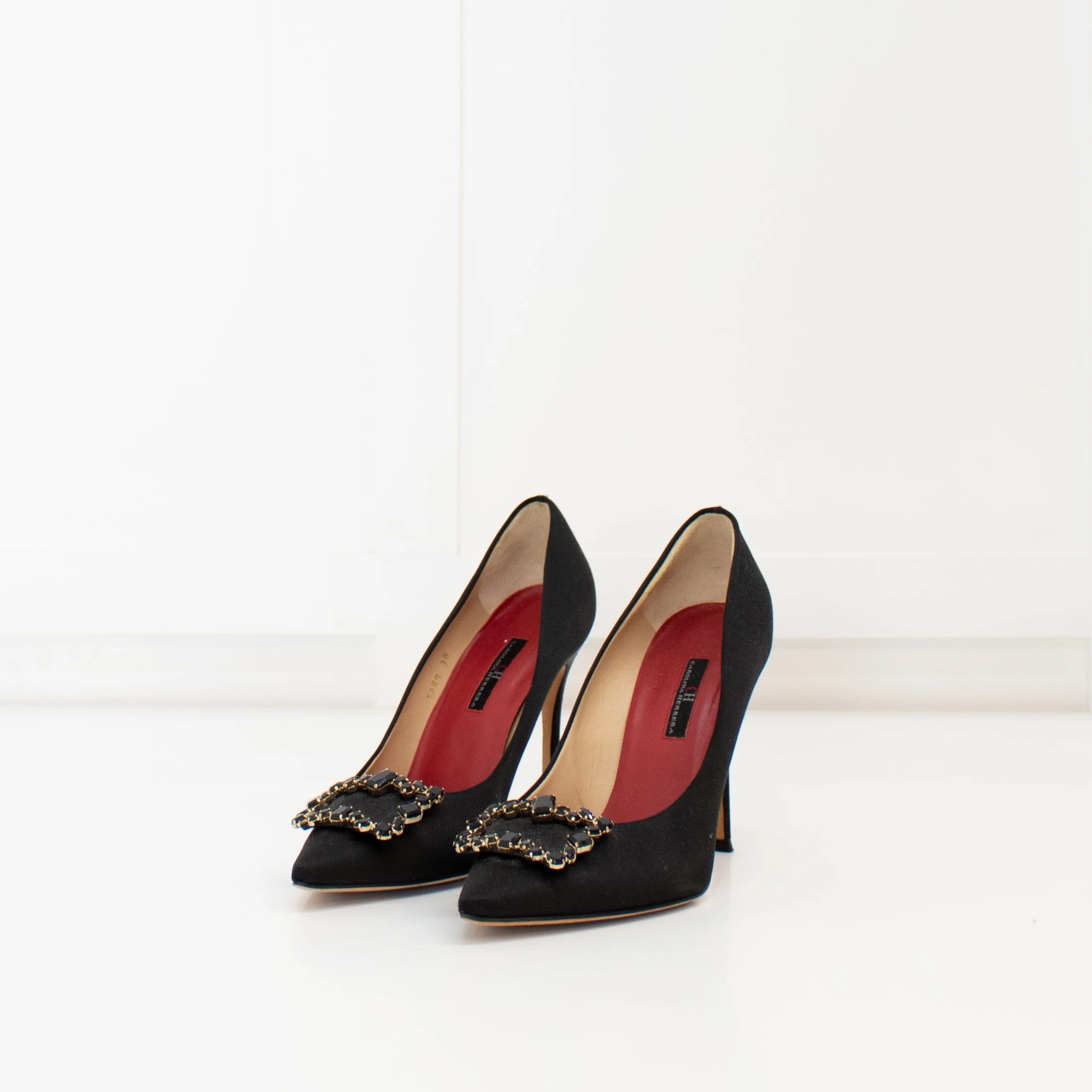 Carolina Herrera Black Satin Jewelled Buckle Heels