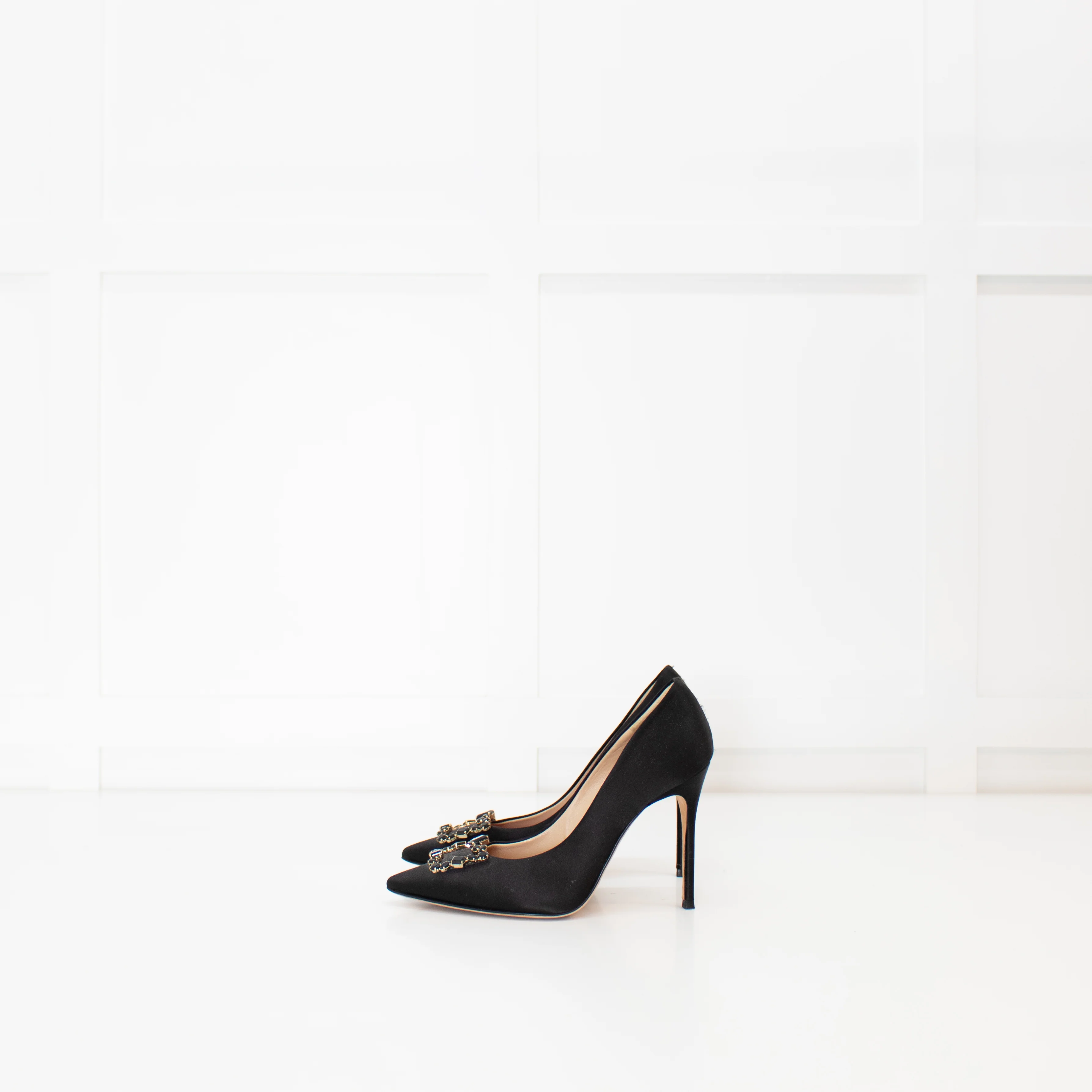 Carolina Herrera Black Satin Jewelled Buckle Heels - Image 2