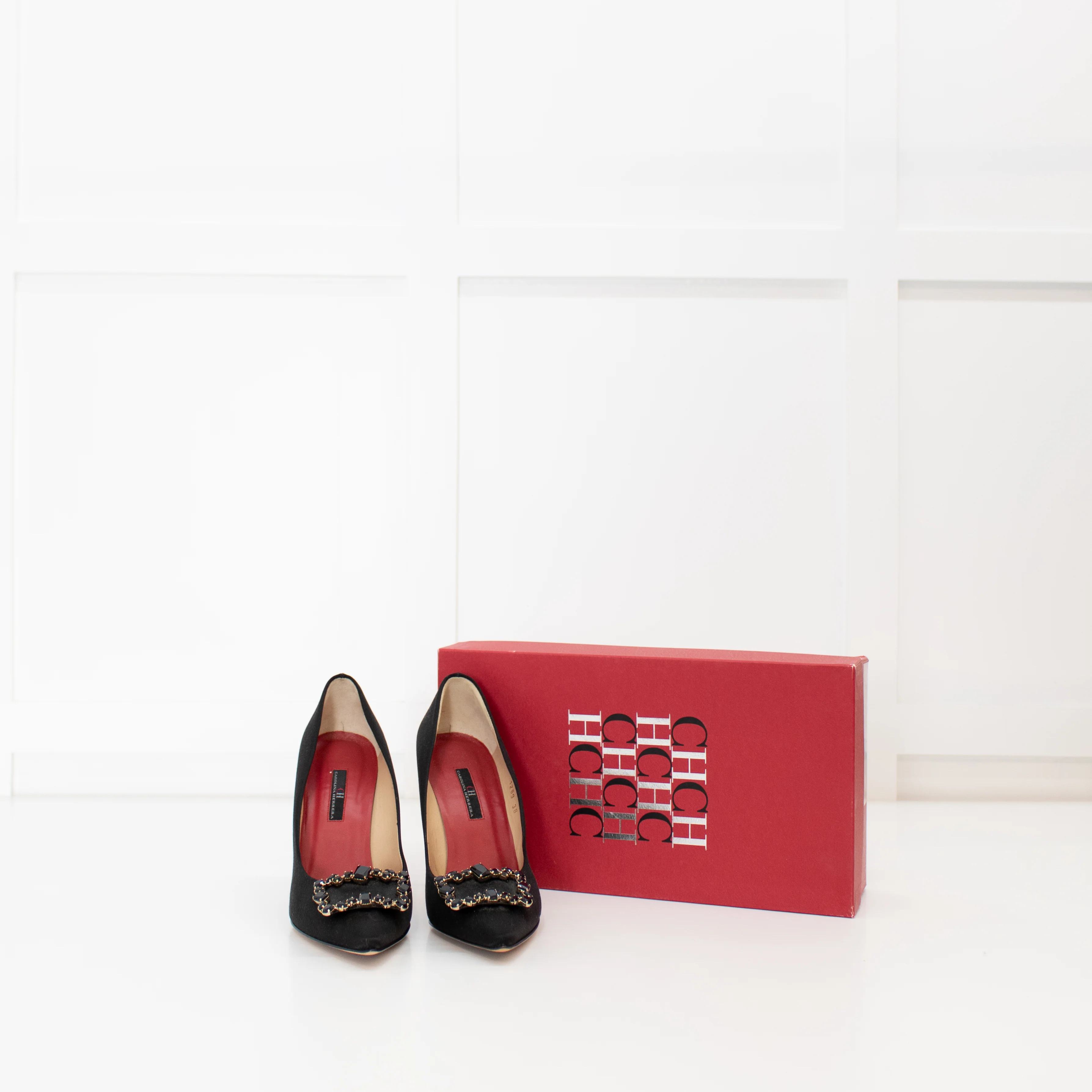 Carolina Herrera Black Satin Jewelled Buckle Heels - Image 6