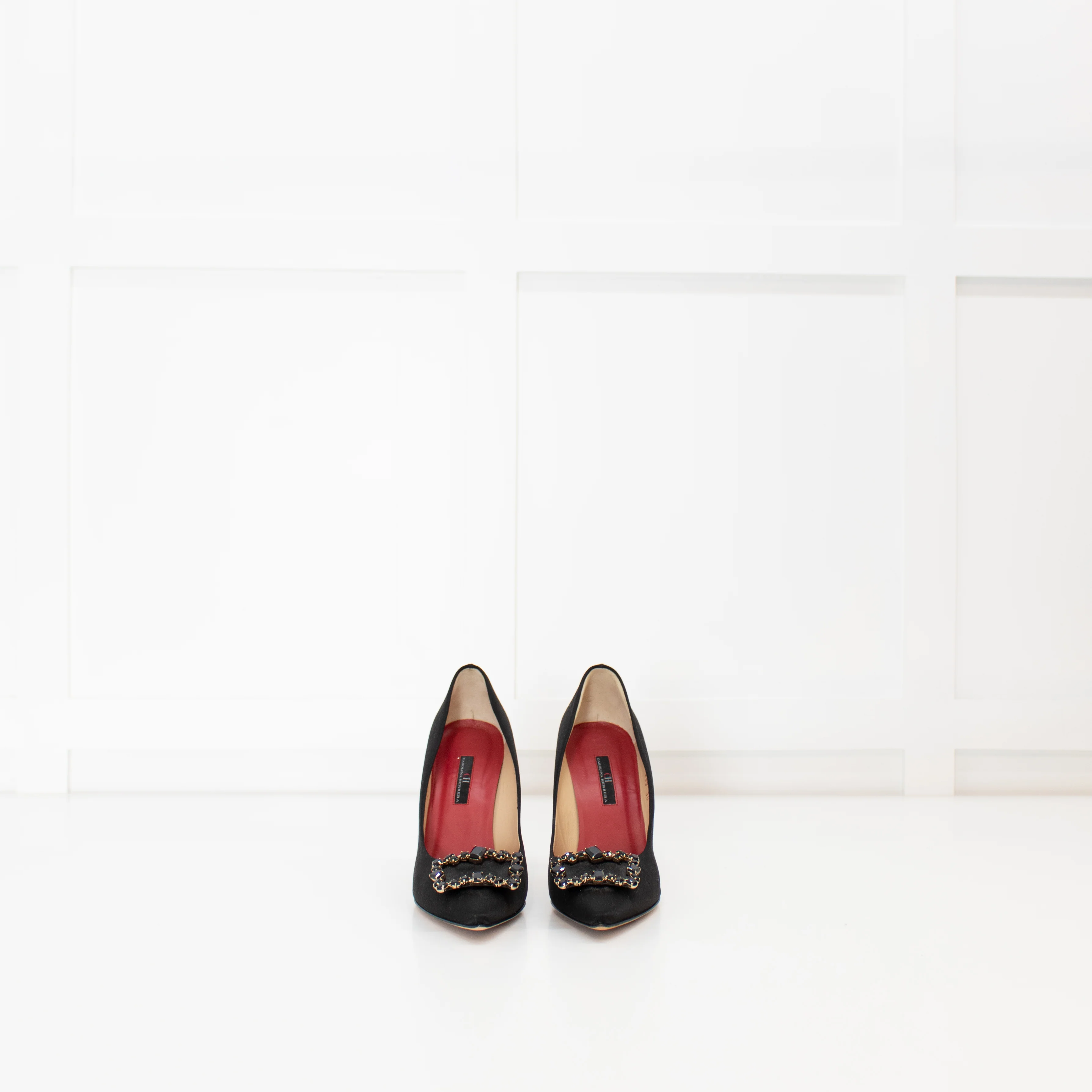 Carolina Herrera Black Satin Jewelled Buckle Heels - Image 7