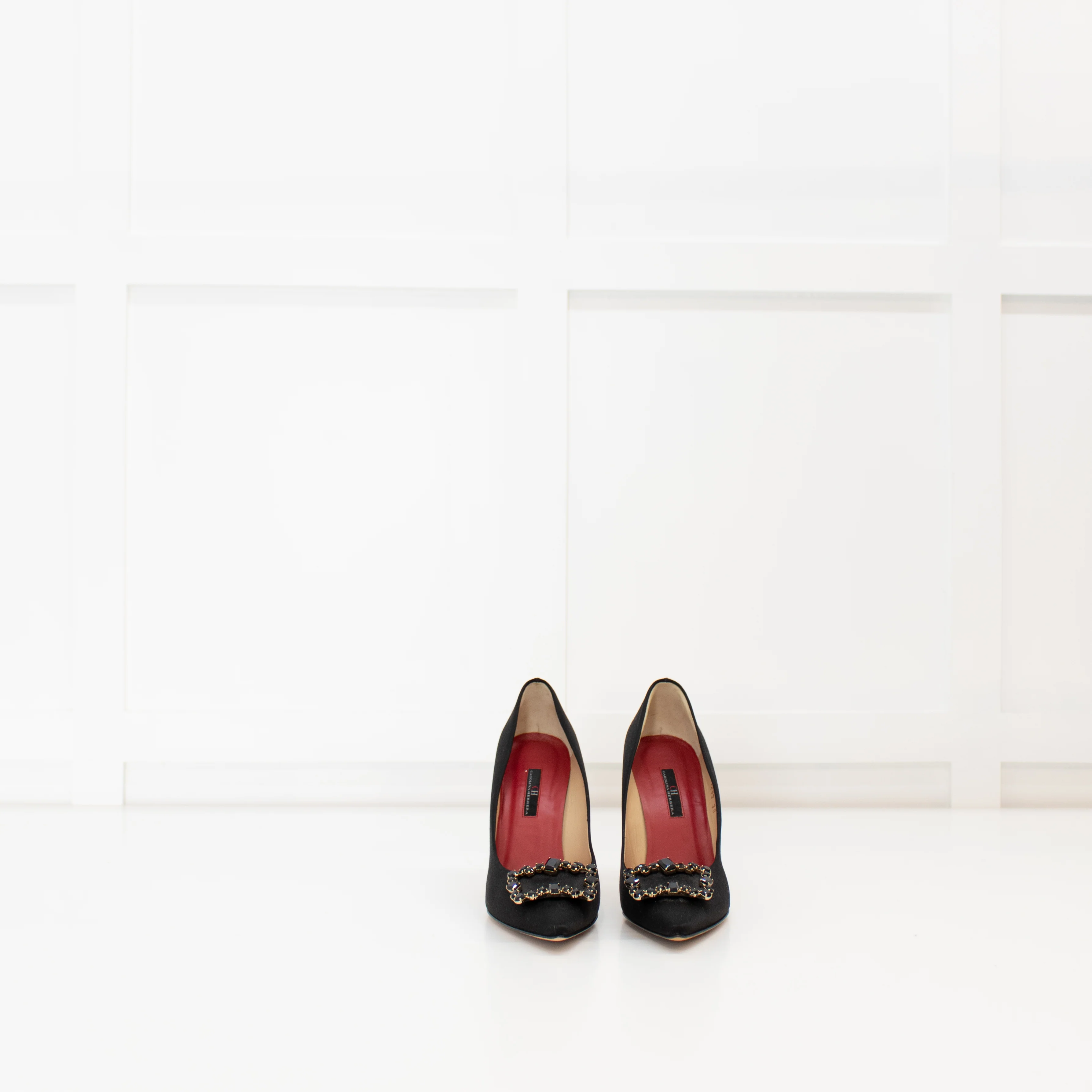 Carolina Herrera Black Satin Jewelled Buckle Heels - Image 8