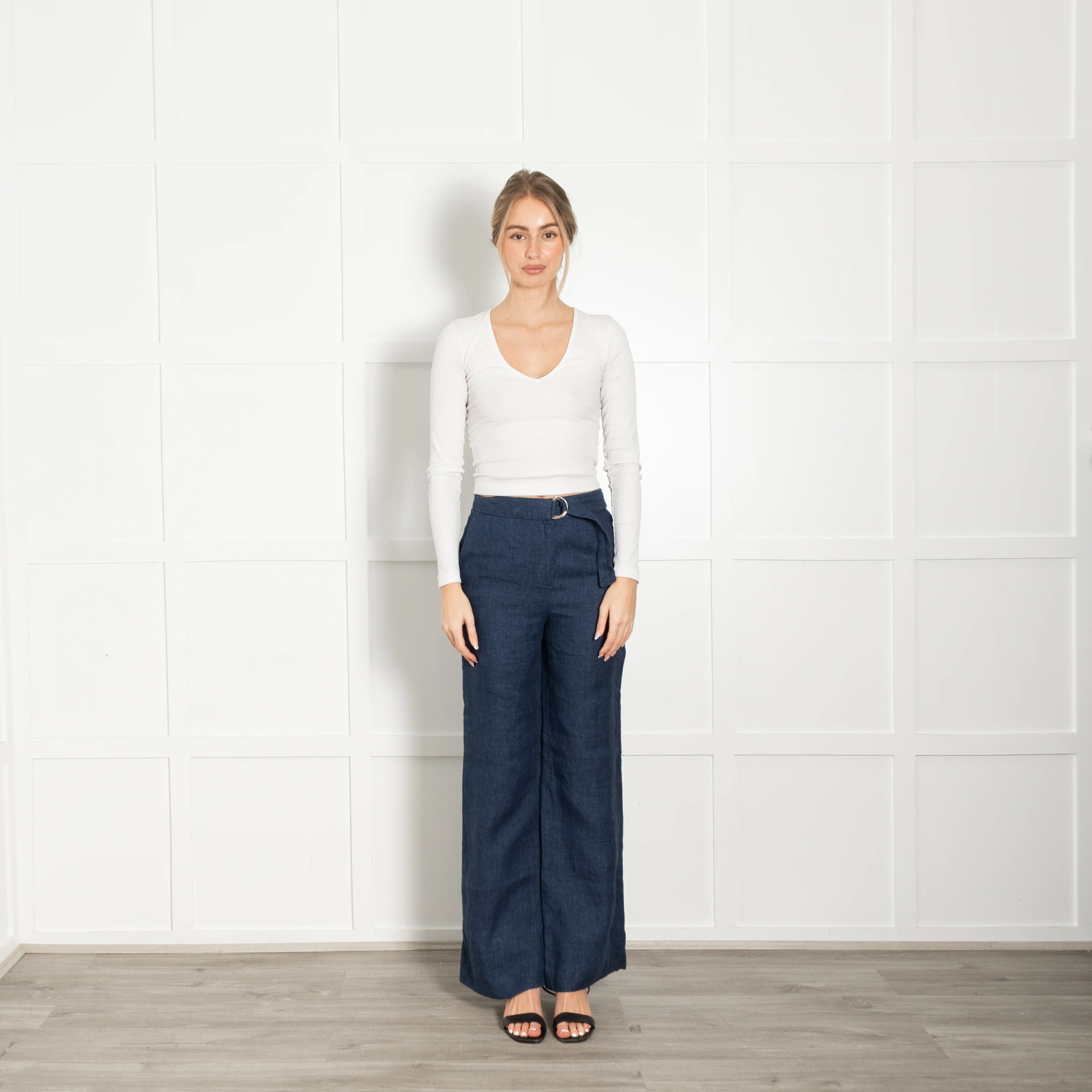 Carolina Herrera Blue Linen Wide Leg Trousers