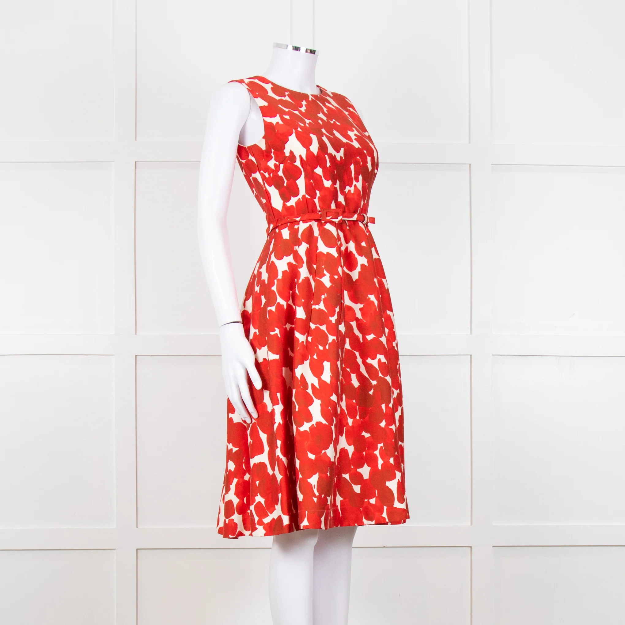 Carolina Herrera Cream Red Petal Belted Sleeveless Dress - Image 8