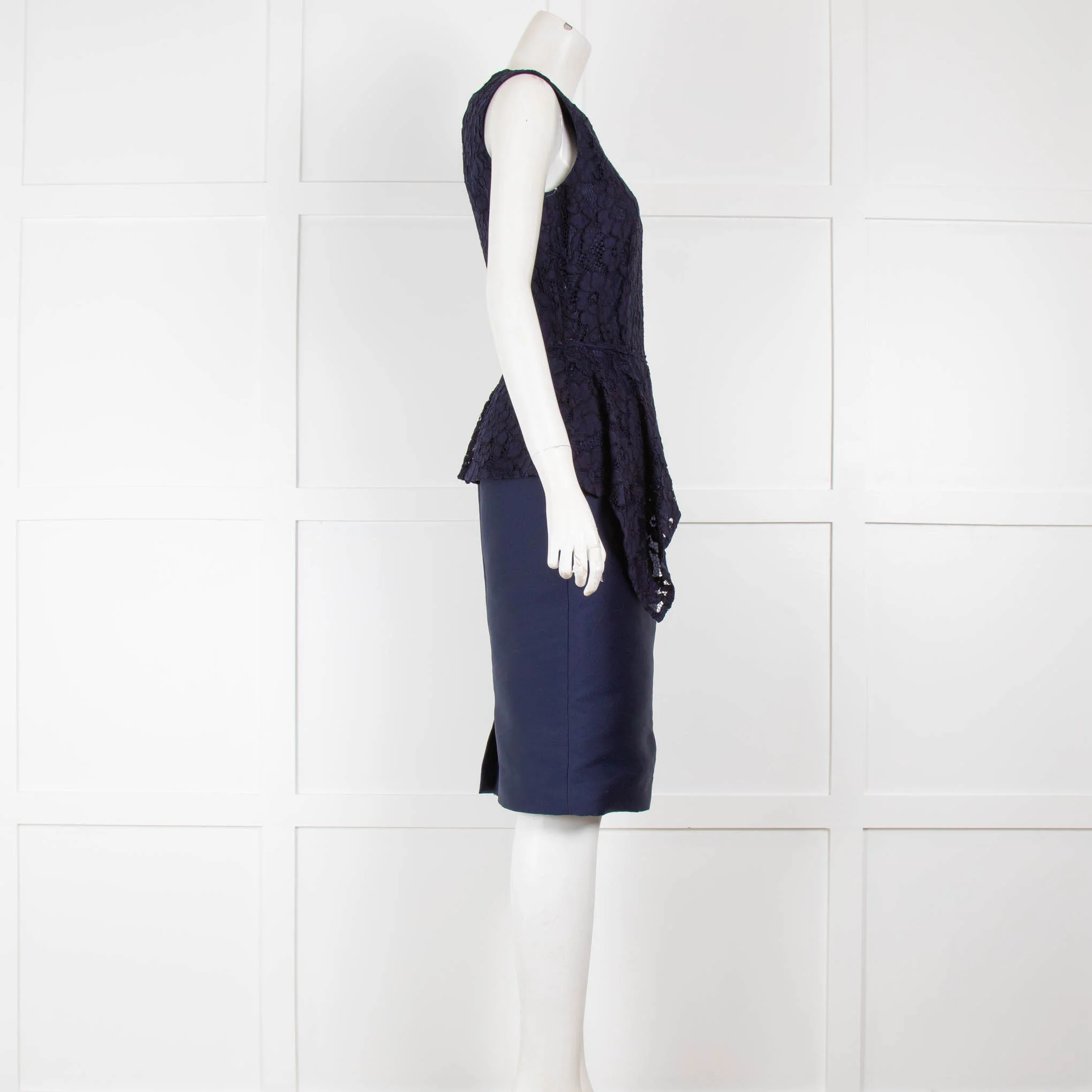 Carolina Herrera Navy Dress with LaceTop & Peplum - Image 2