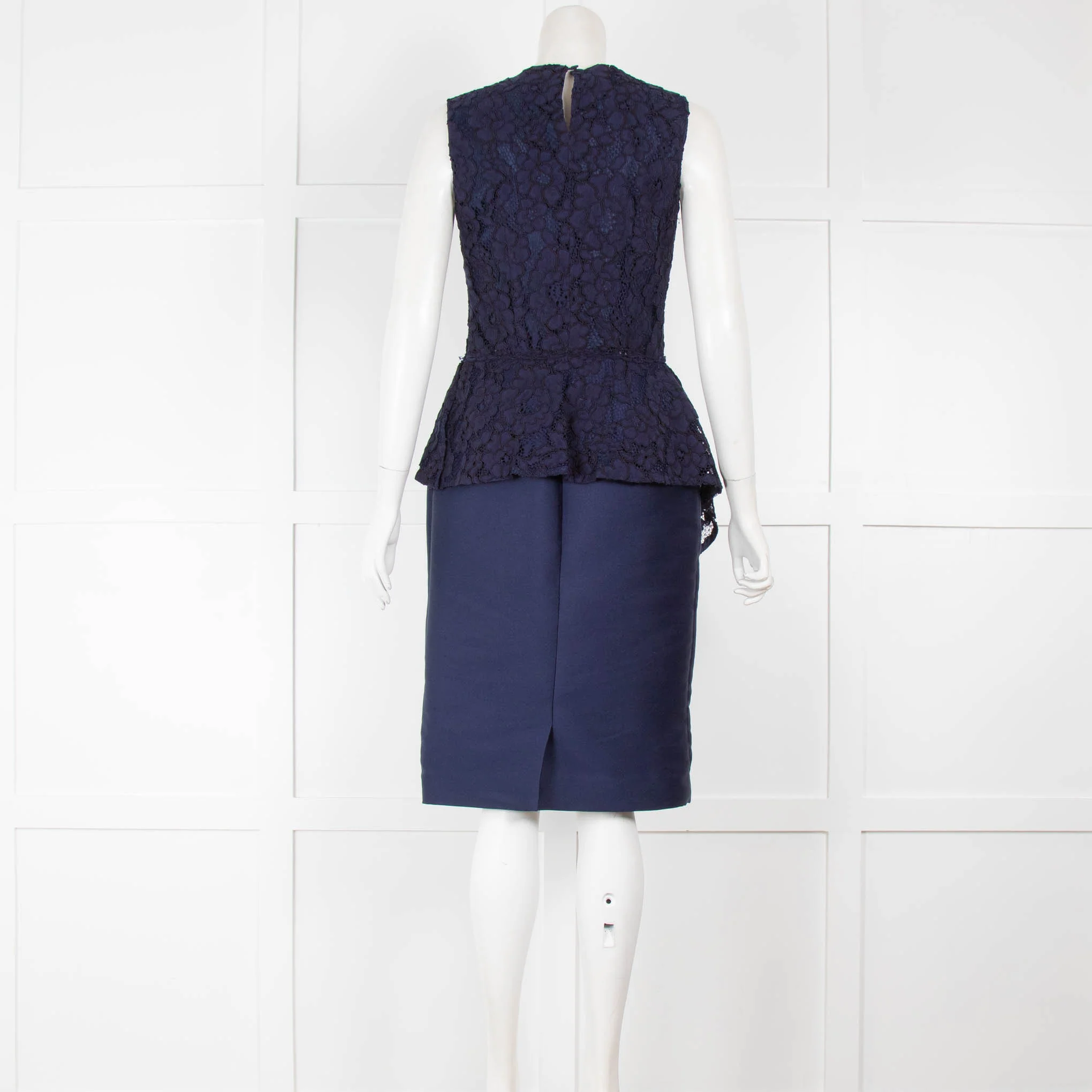 Carolina Herrera Navy Dress with LaceTop & Peplum - Image 3