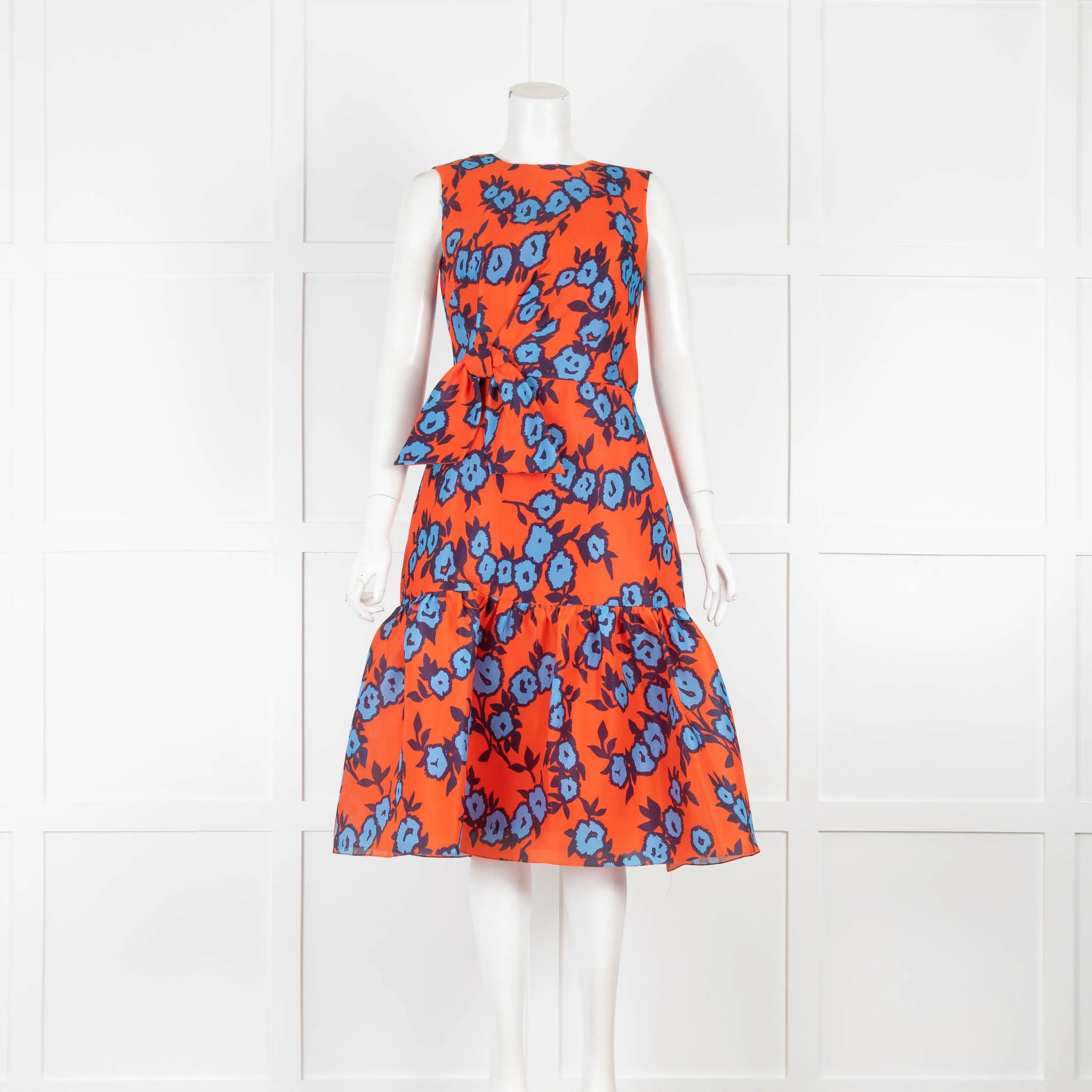 Carolina Herrera Orange Blue Floral Front Bow Silk Taffeta Dress