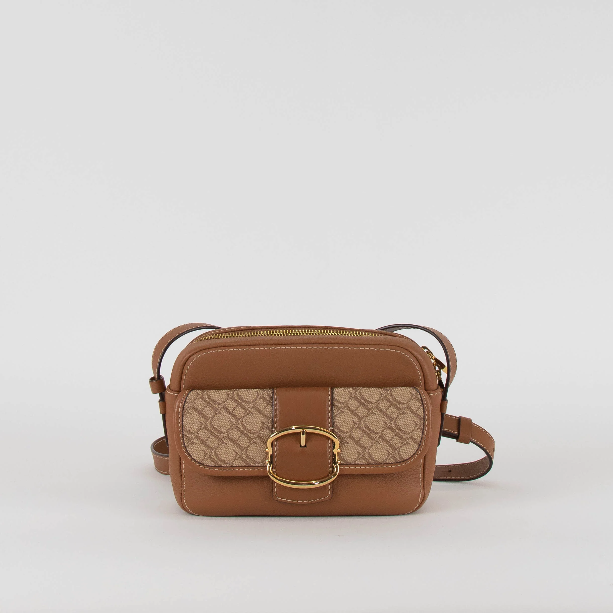 Carolina Herrera Tan Leather Cross Body Bag with Canvas Trim