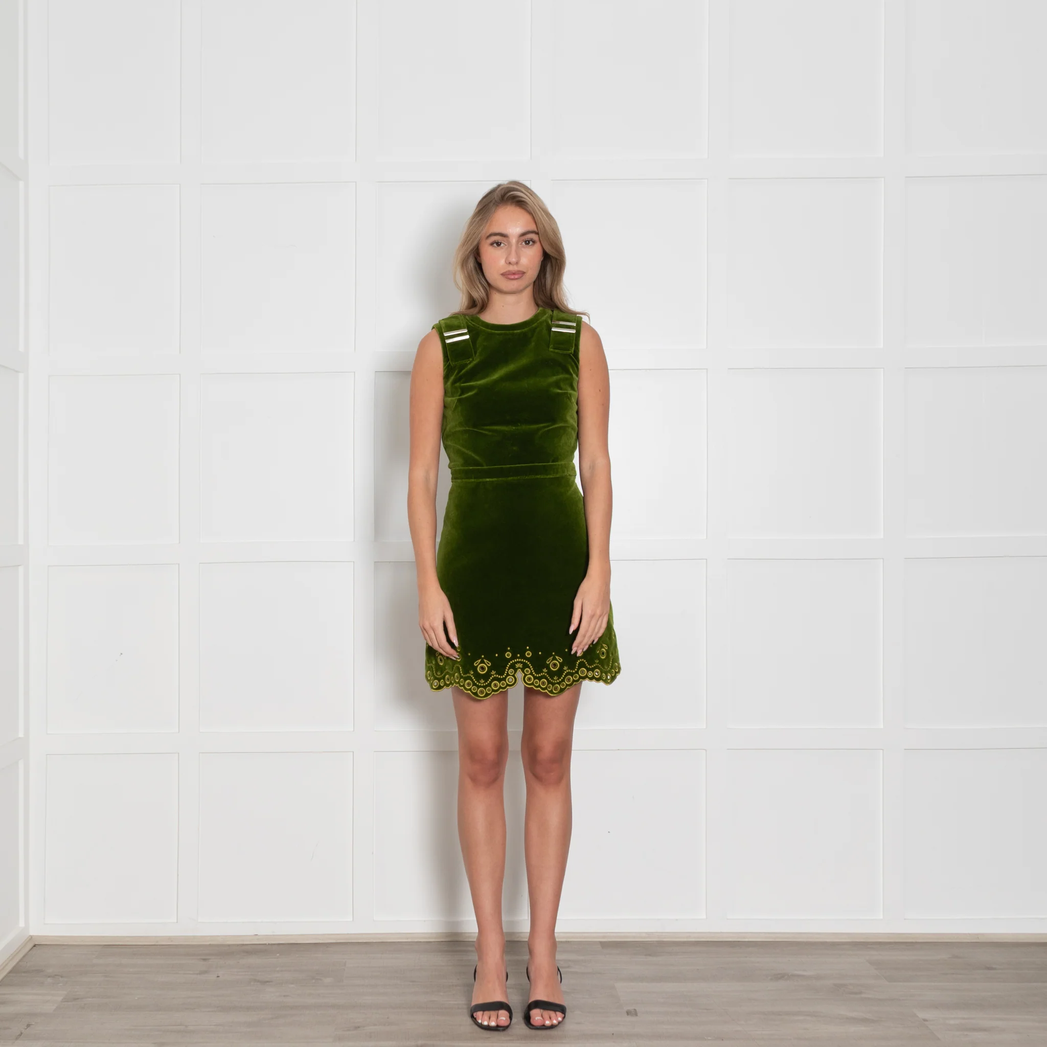 Carven Green Velvet Embroidered Hem Dress