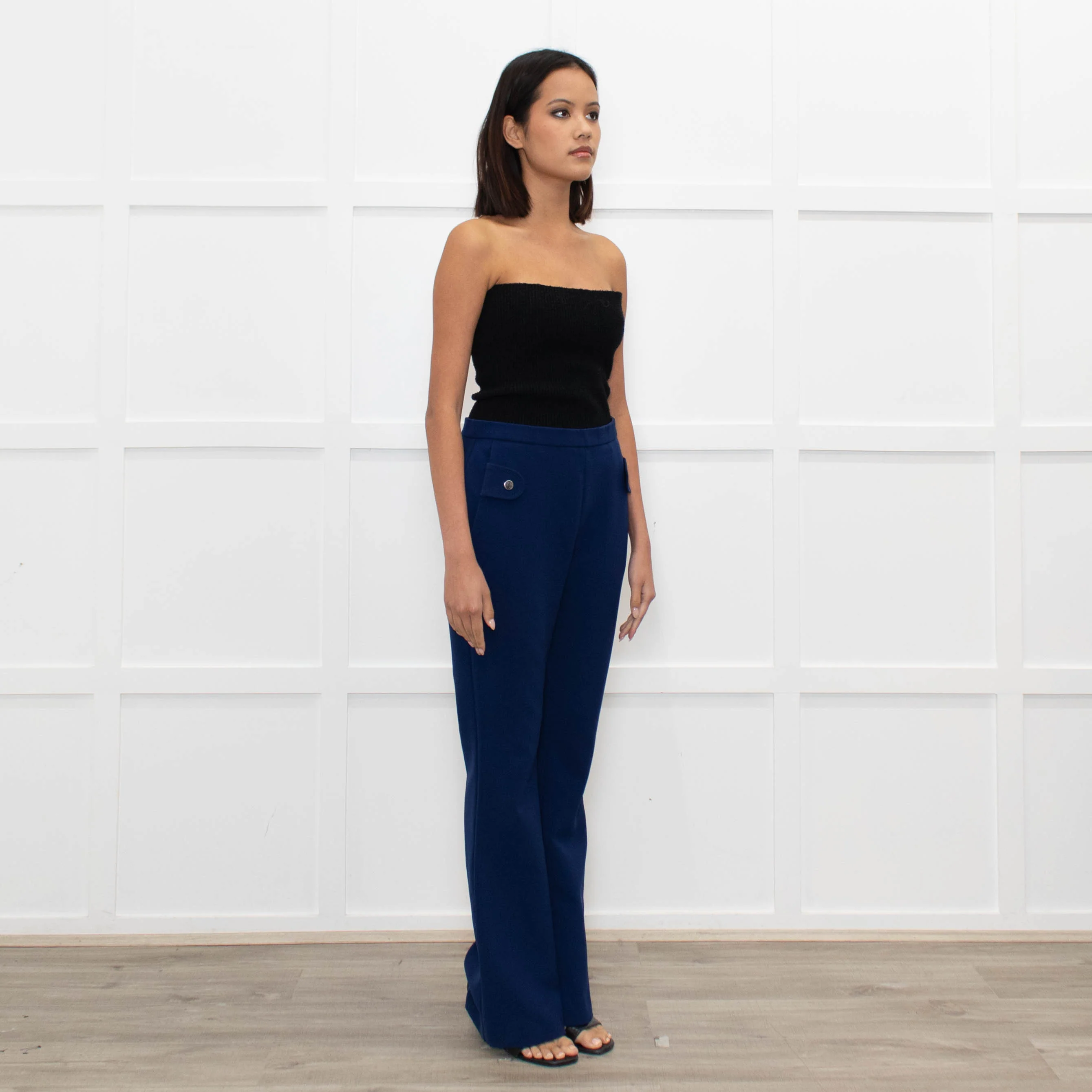 Carven Mid Blue Button Pocket Flare Trousers - Image 3