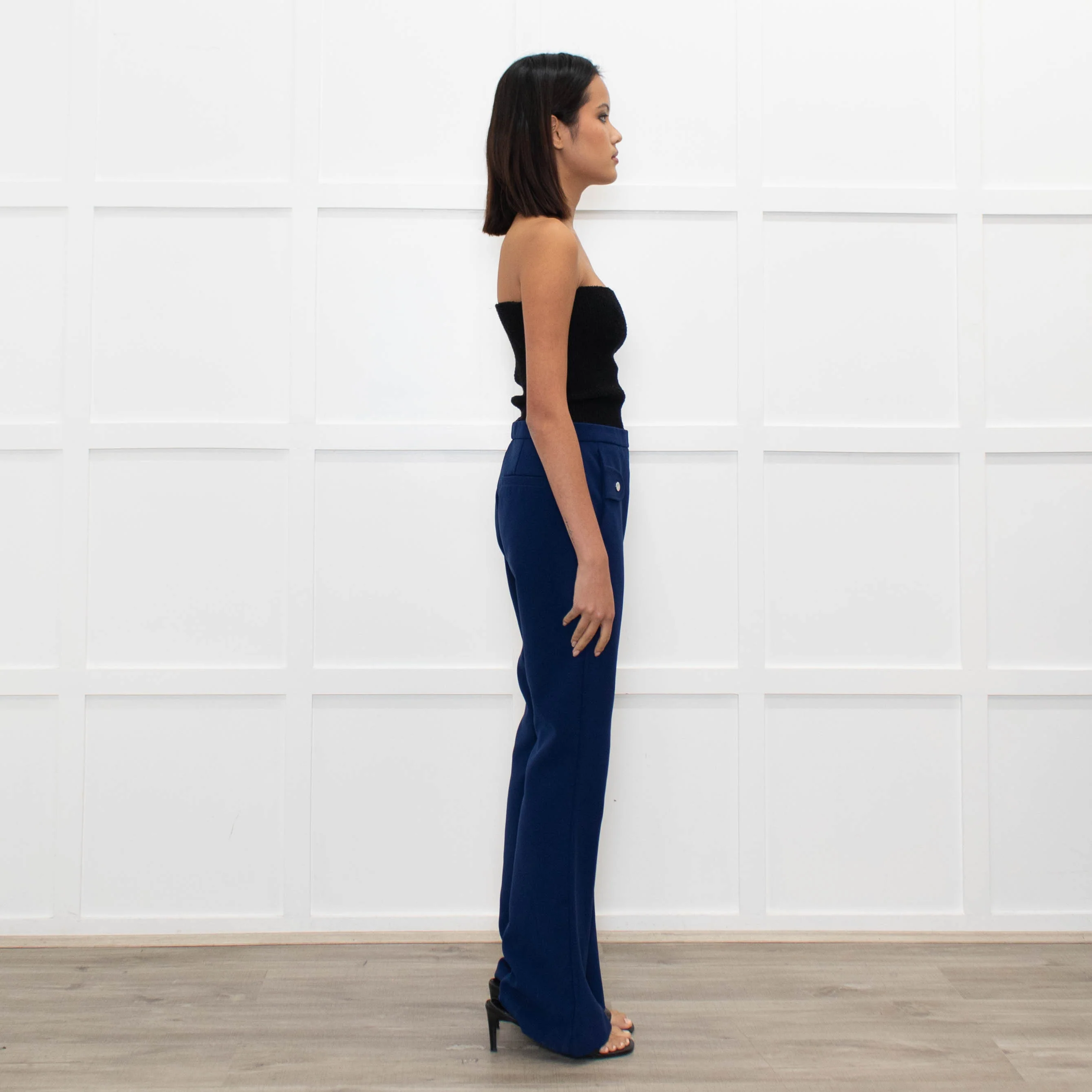 Carven Mid Blue Button Pocket Flare Trousers - Image 4