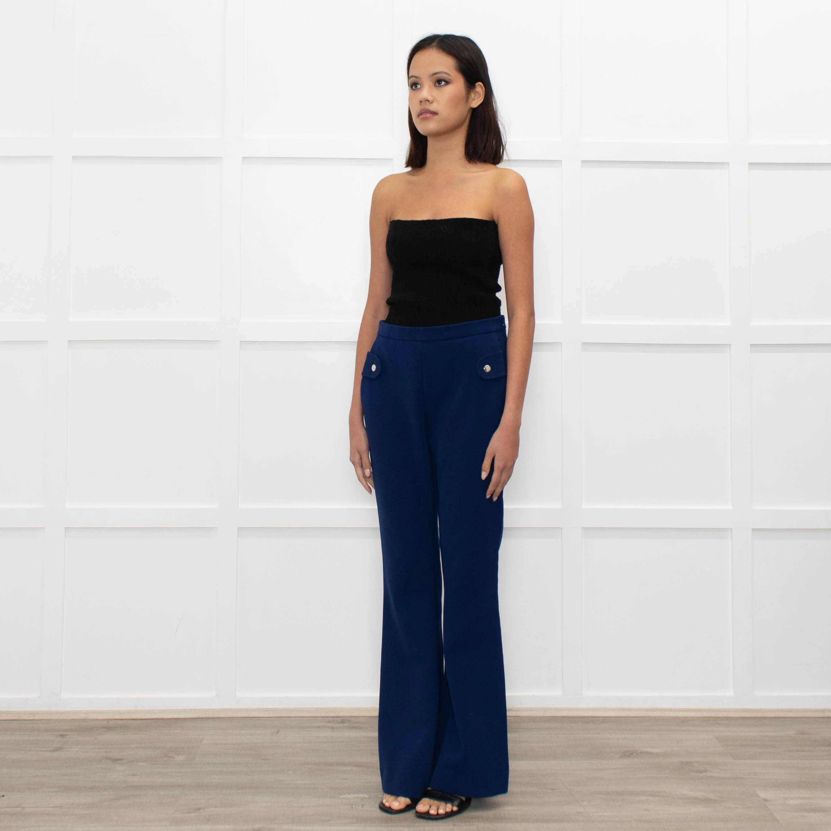 Carven Mid Blue Button Pocket Flare Trousers - Image 7