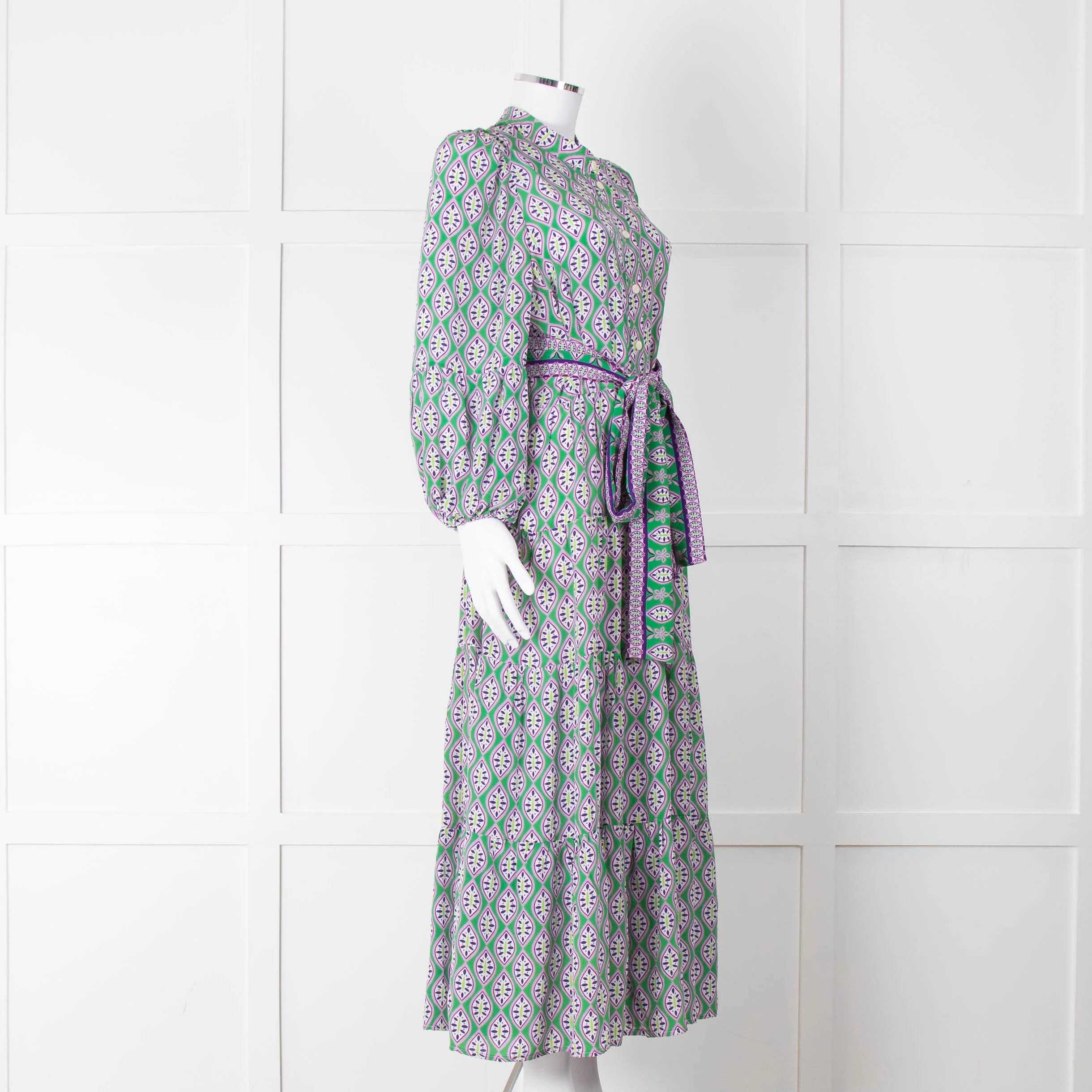 Catherine Prevost Green Purple Silk Button Belted Maxi Dress - Image 2