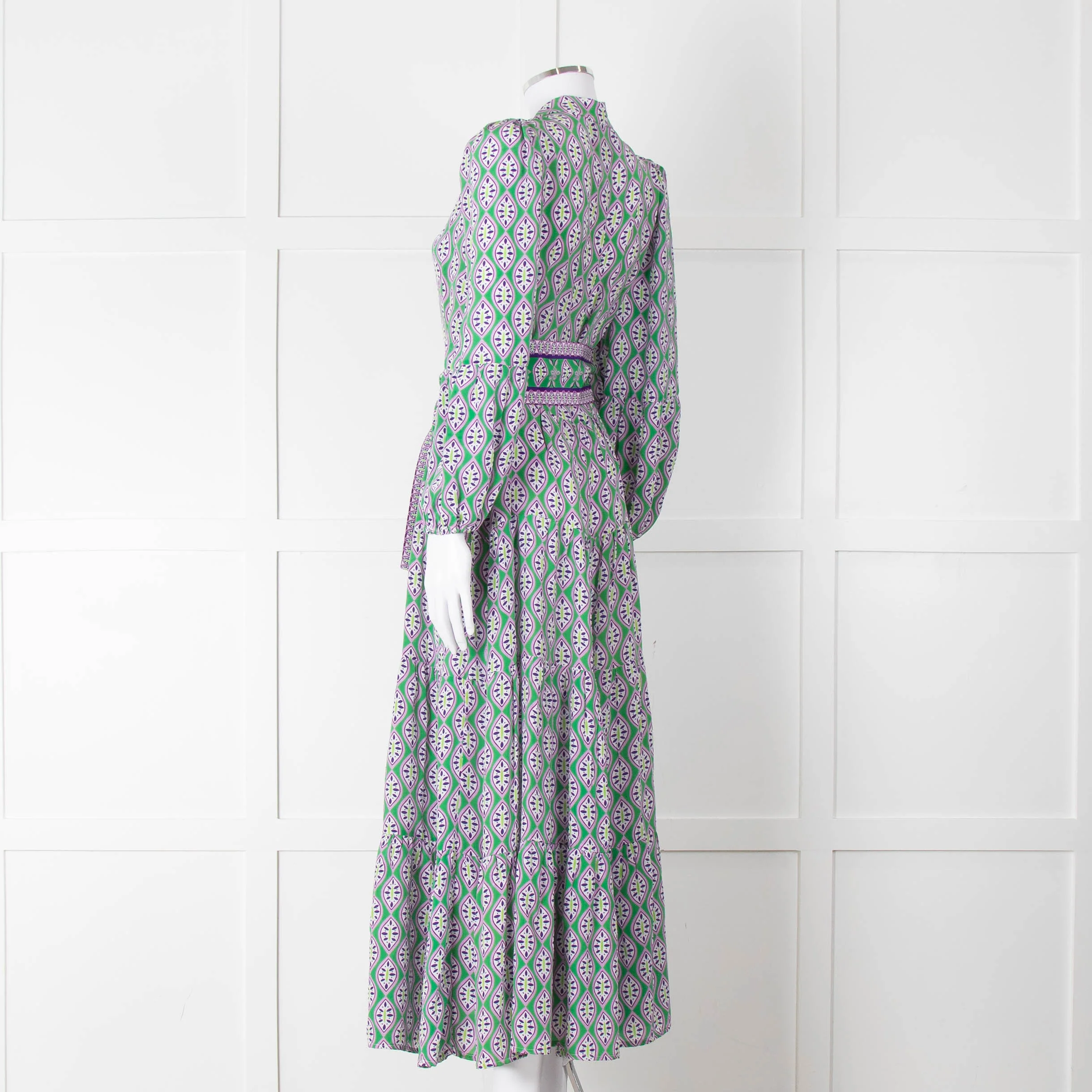 Catherine Prevost Green Purple Silk Button Belted Maxi Dress - Image 6