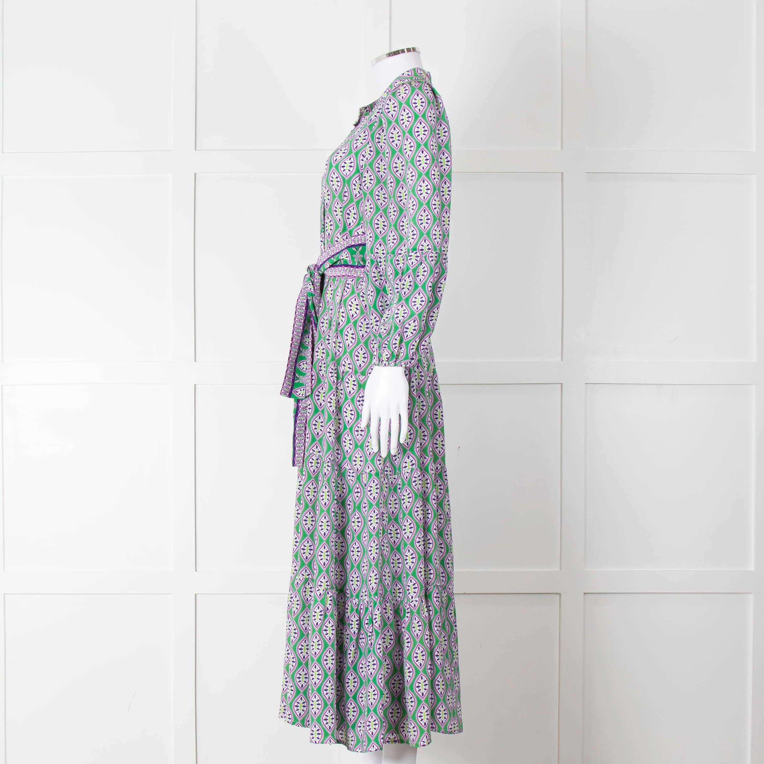Catherine Prevost Green Purple Silk Button Belted Maxi Dress - Image 7