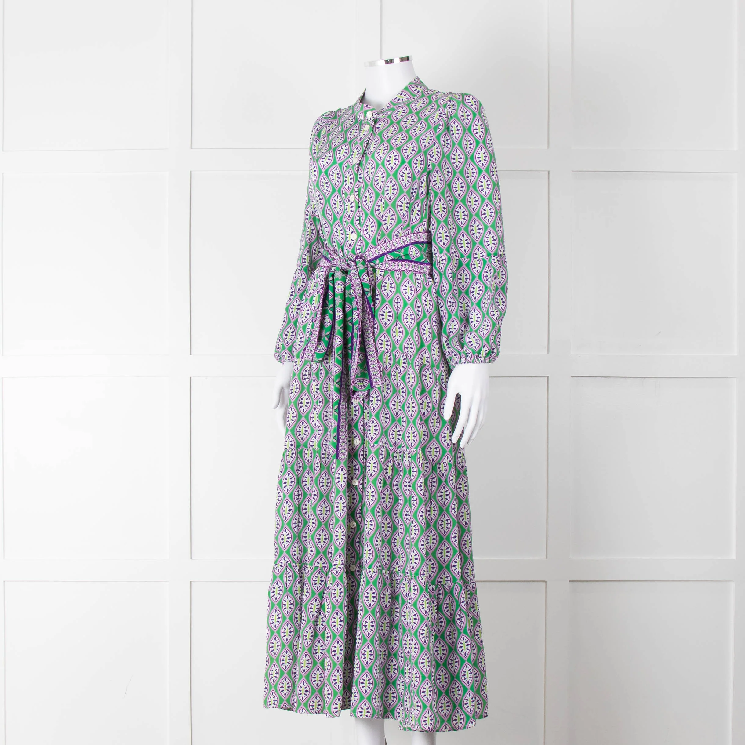 Catherine Prevost Green Purple Silk Button Belted Maxi Dress - Image 8