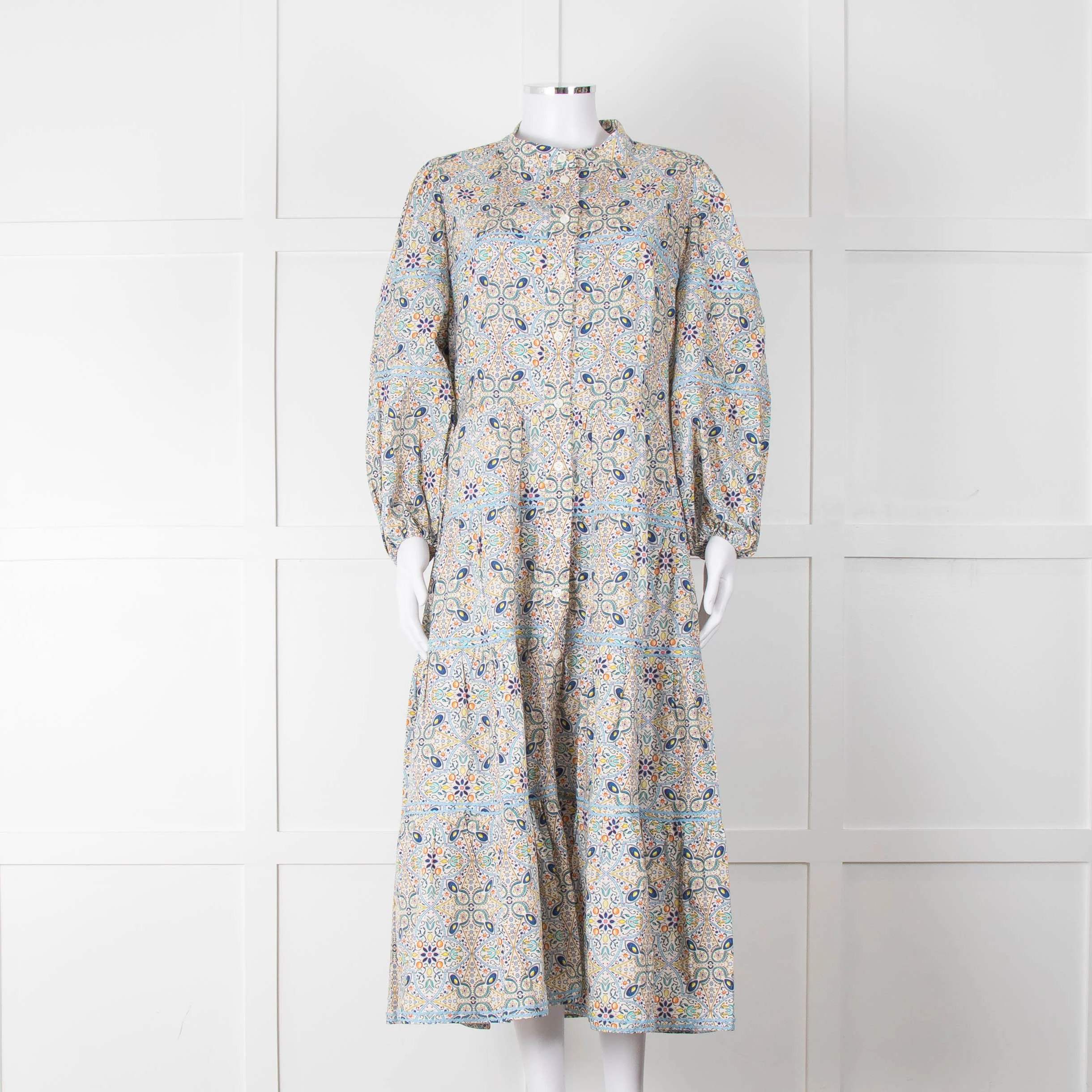 Catherine Prevost Lemon Orange Blue Print Full Length Button Dress