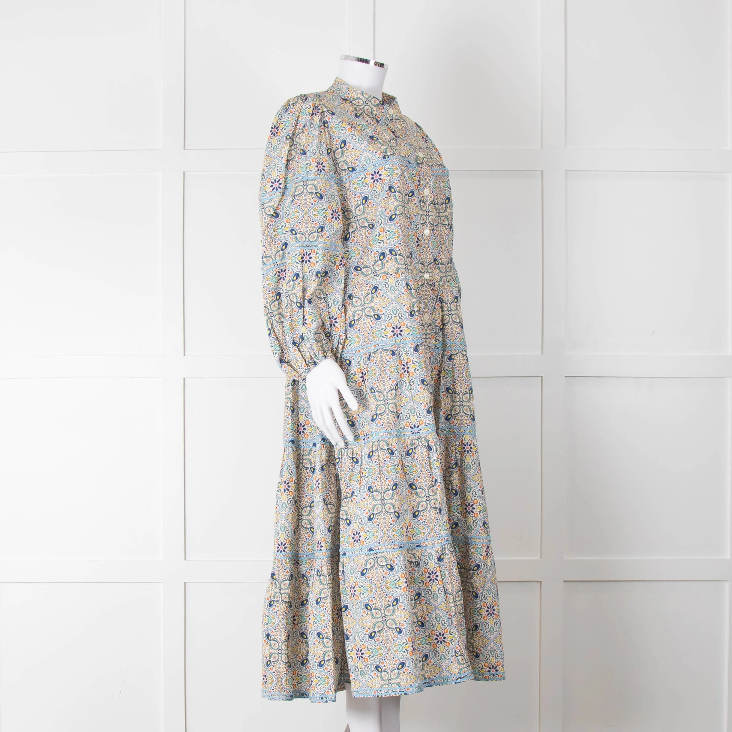 Catherine Prevost Lemon Orange Blue Print Full Length Button Dress - Image 2