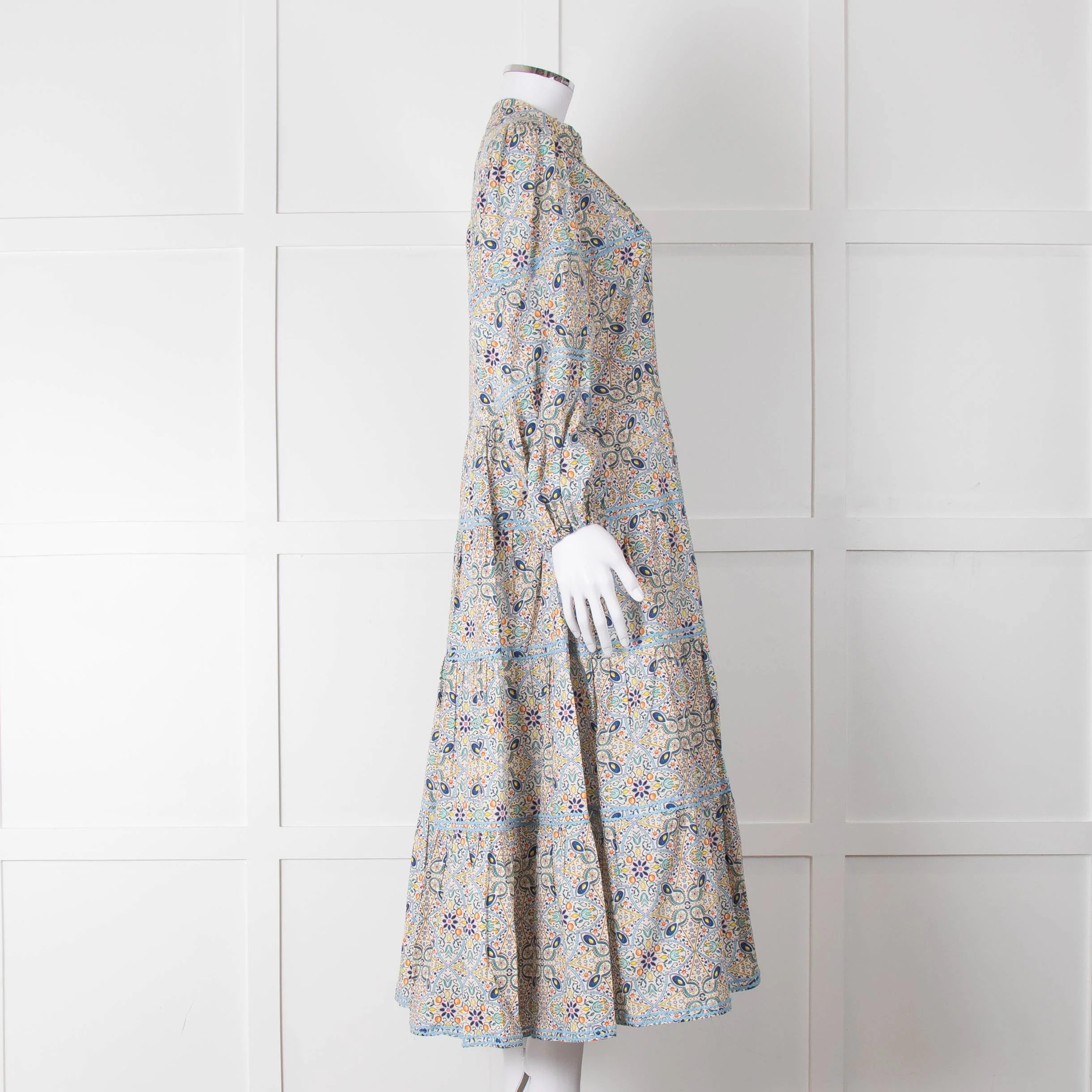 Catherine Prevost Lemon Orange Blue Print Full Length Button Dress - Image 3
