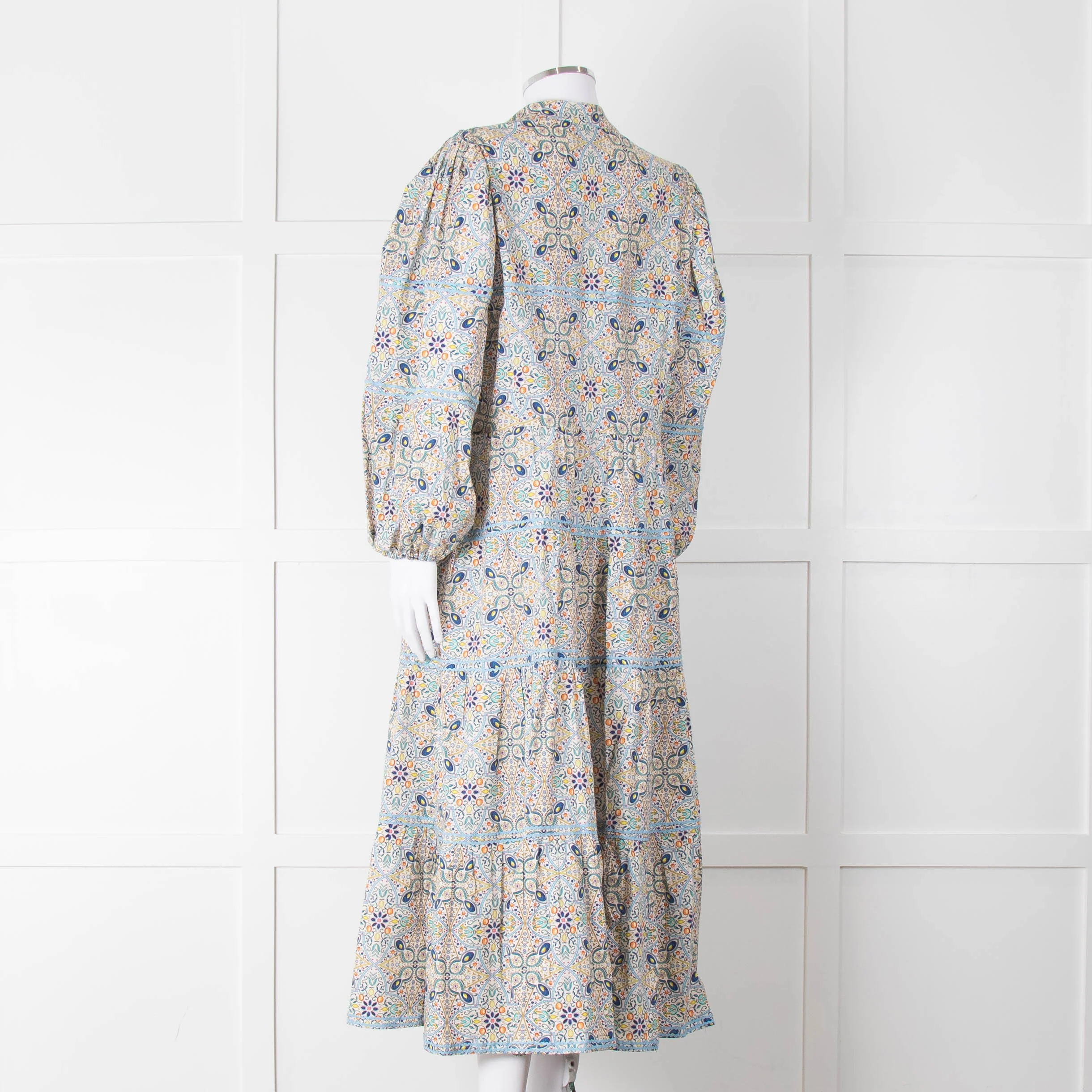 Catherine Prevost Lemon Orange Blue Print Full Length Button Dress - Image 6