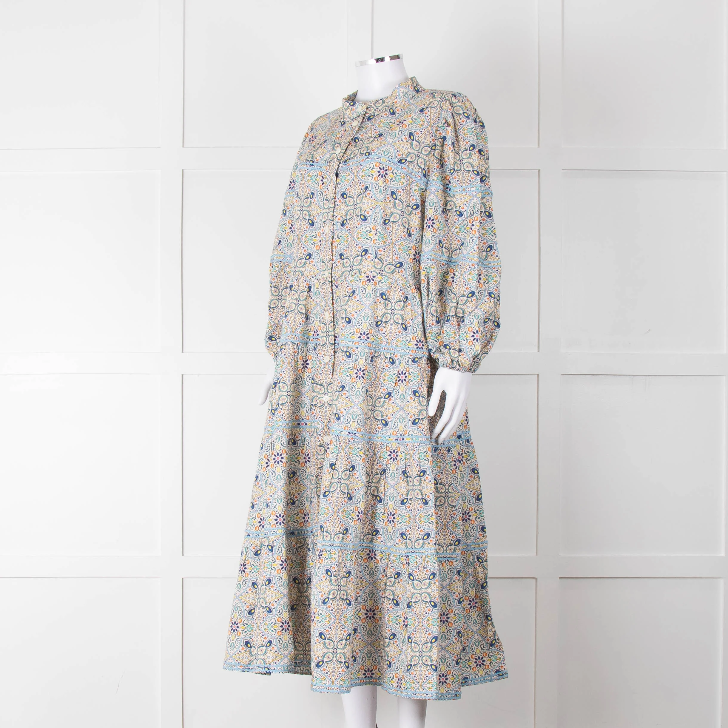 Catherine Prevost Lemon Orange Blue Print Full Length Button Dress - Image 8