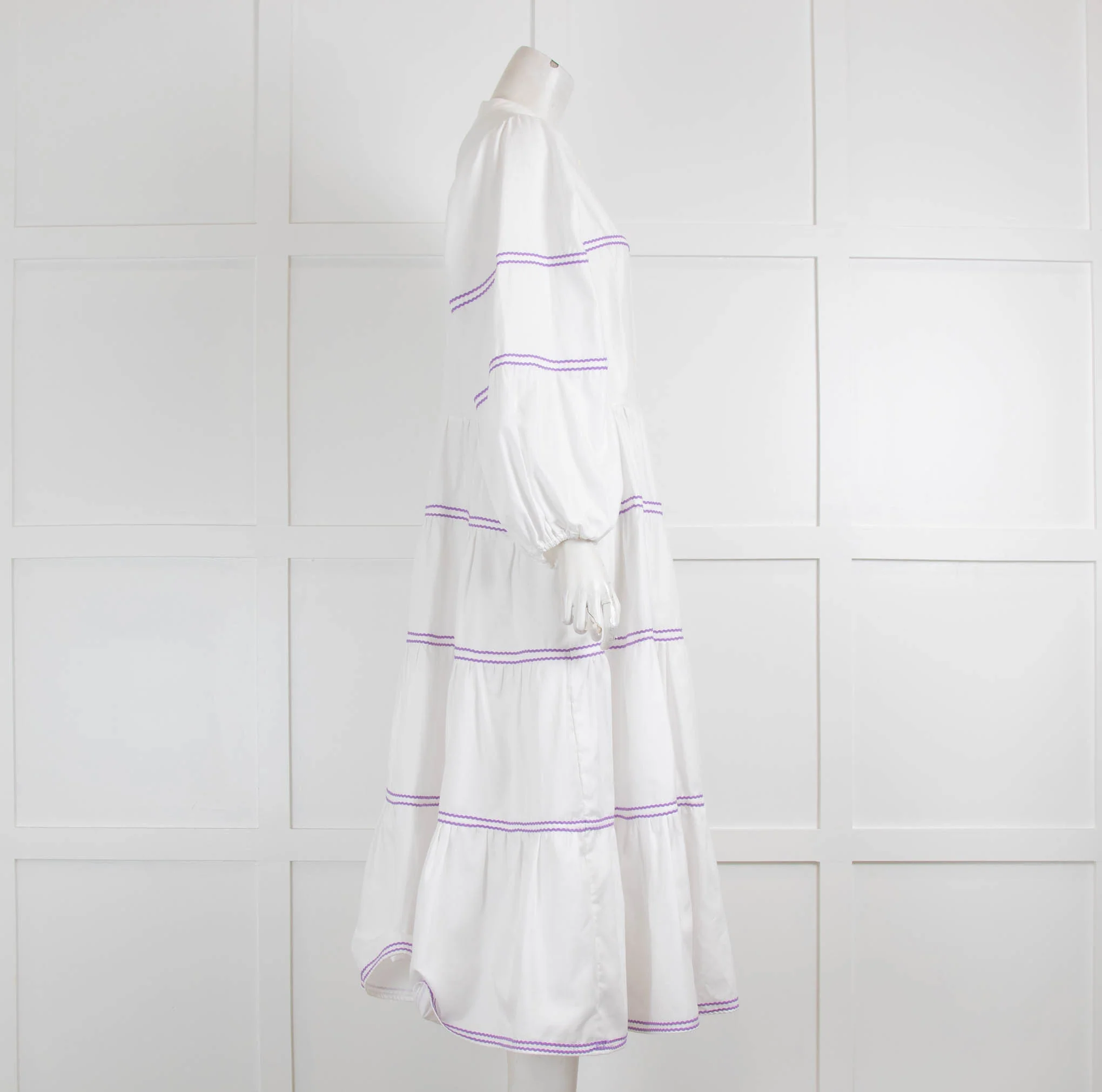 Catherine Prevost White Purple Ribbon Cotton Midi Dress - Image 2
