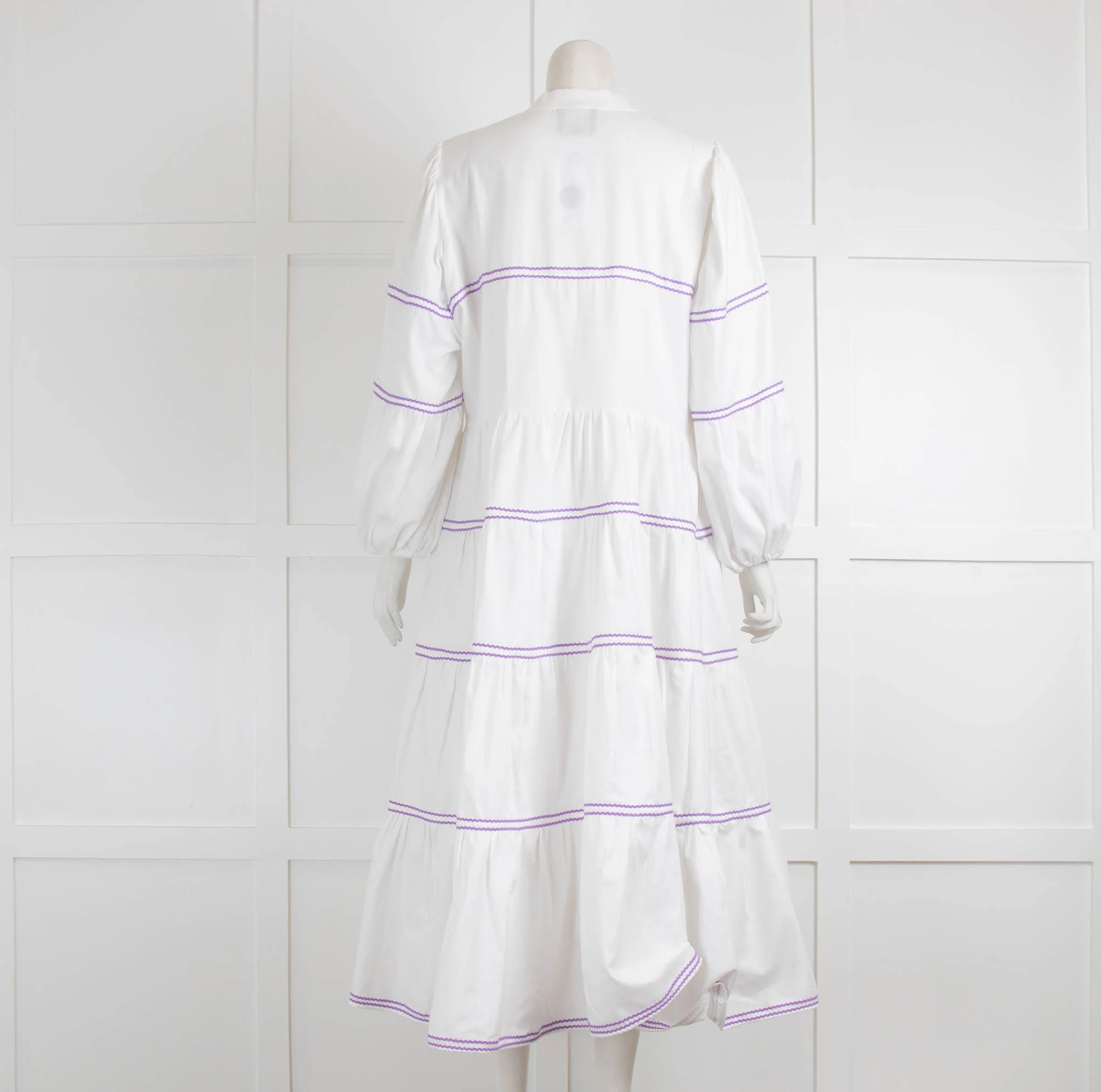 Catherine Prevost White Purple Ribbon Cotton Midi Dress - Image 3