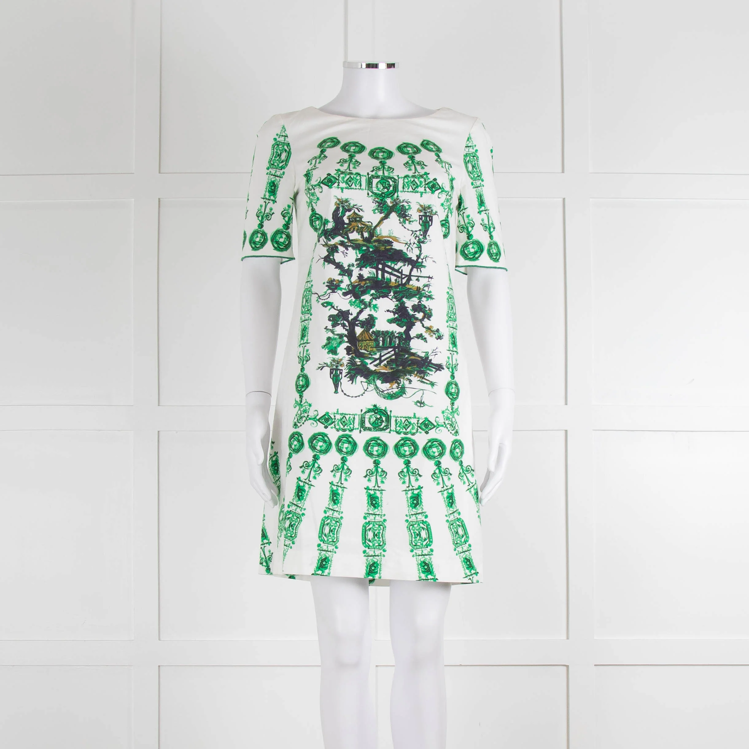 Cavalli Class White Green Cotton Short Sleeve Dress
