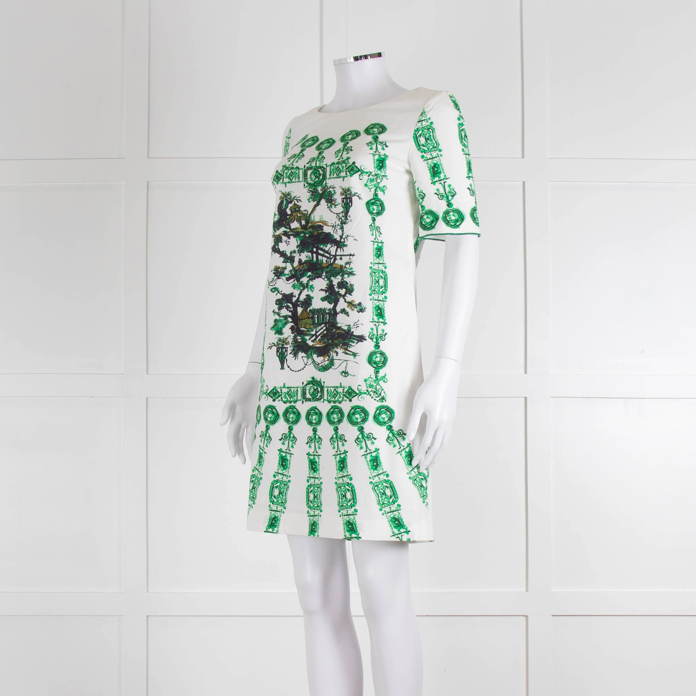 Cavalli Class White Green Cotton Short Sleeve Dress - Image 8