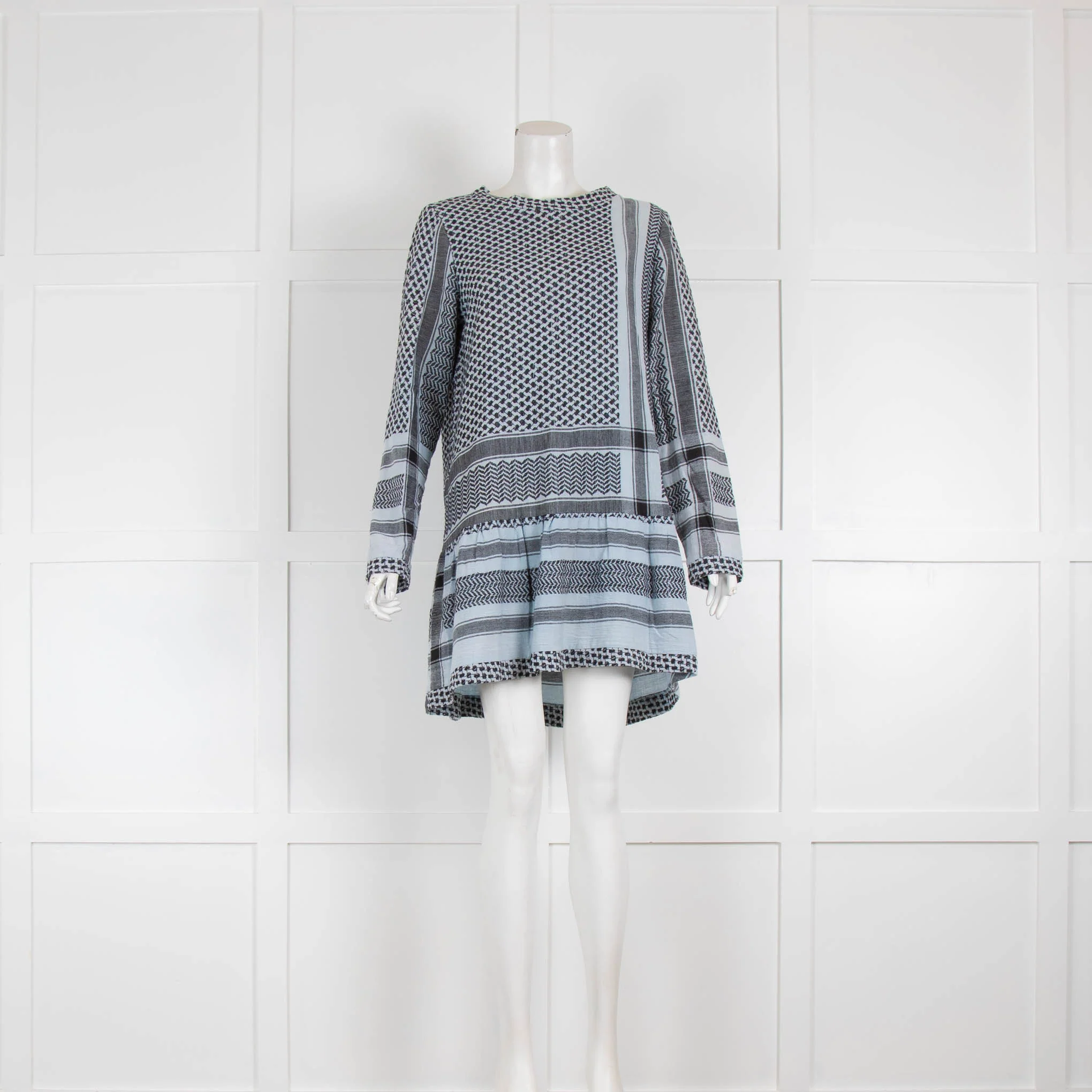Cecile Copenhagen Blue Cotton Jacquard Long Sleeve Mini Dress