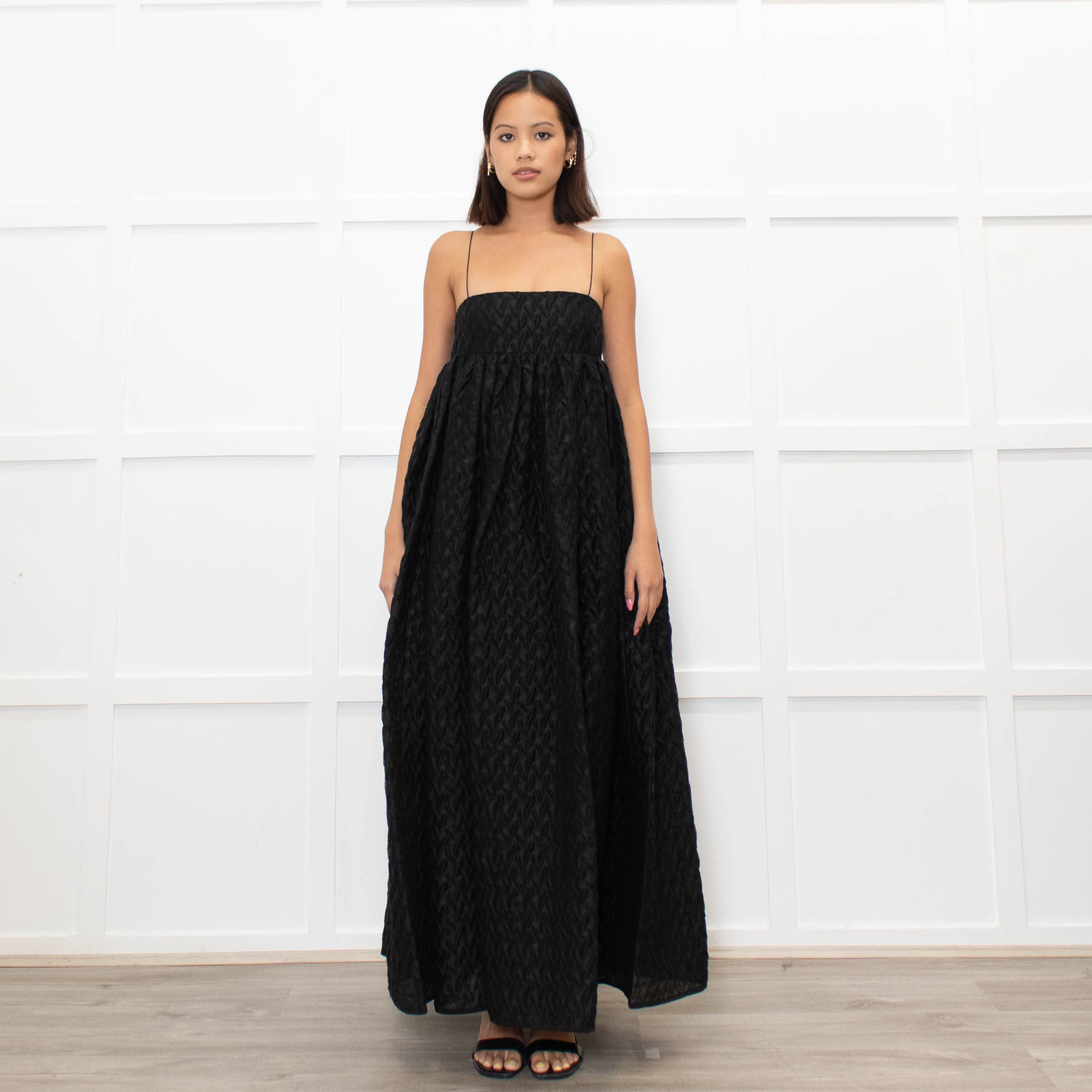 Cecilie Bahnsen Black Beth Linen Mix Plisse Maxi Dress