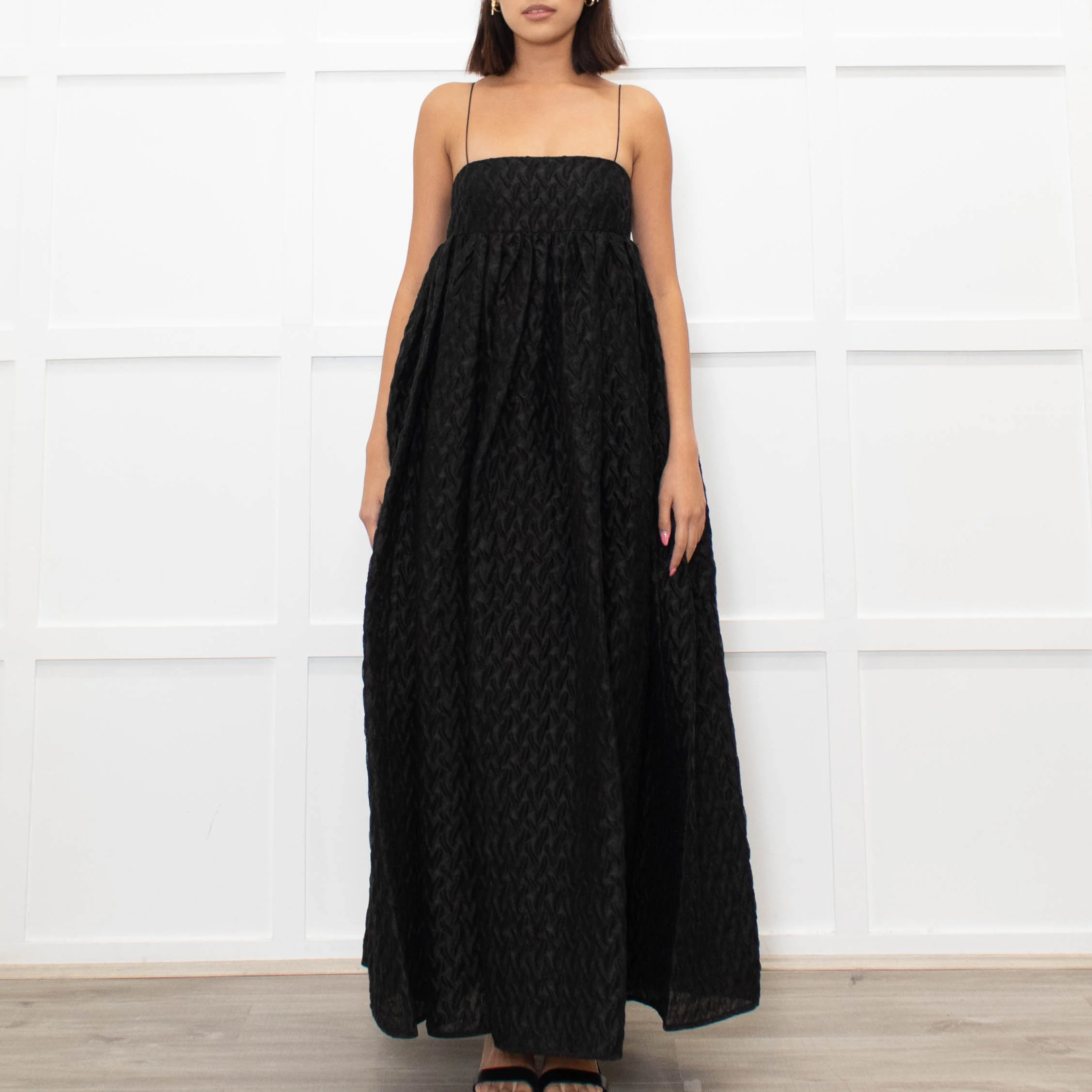 Cecilie Bahnsen Black Beth Linen Mix Plisse Maxi Dress - Image 2