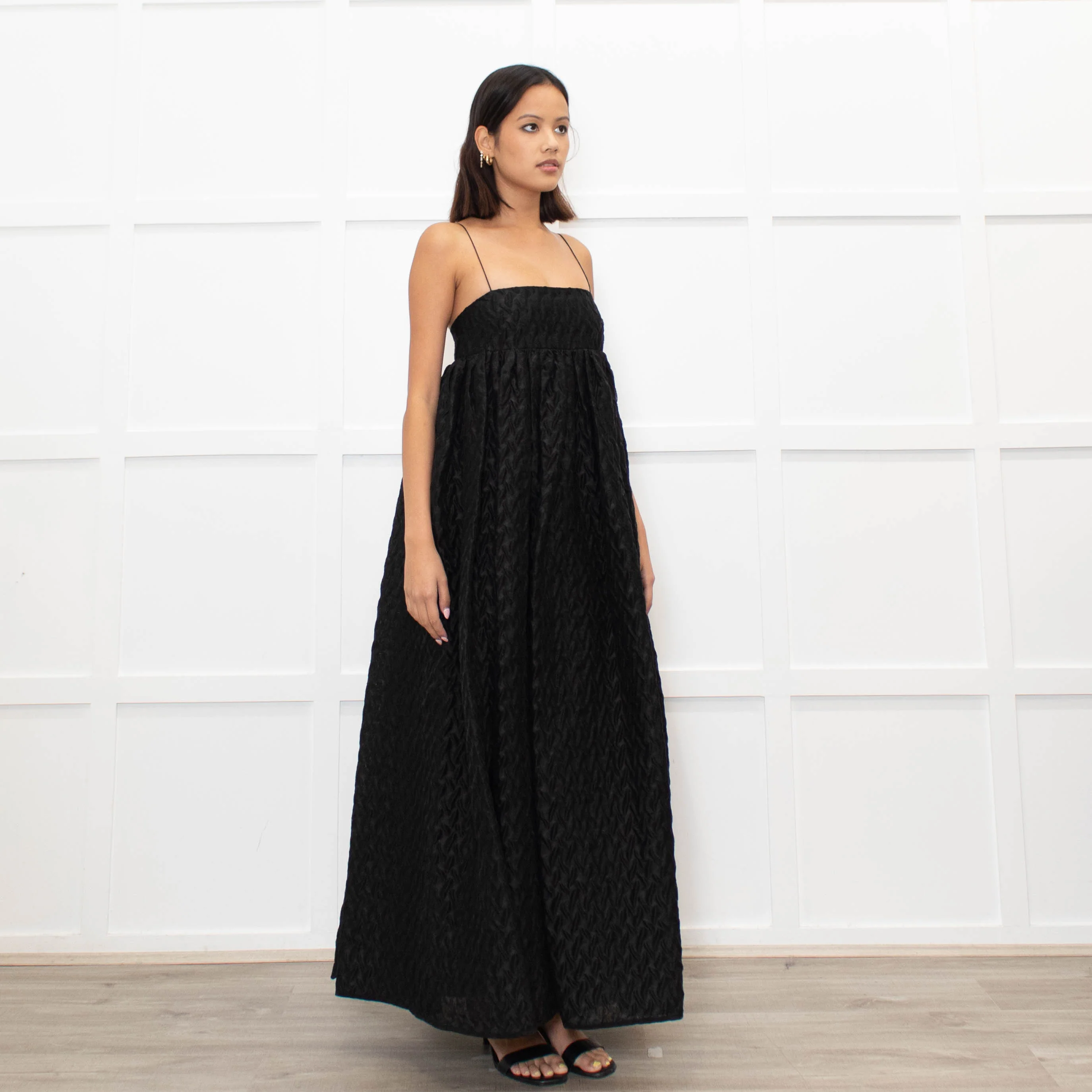 Cecilie Bahnsen Black Beth Linen Mix Plisse Maxi Dress - Image 3