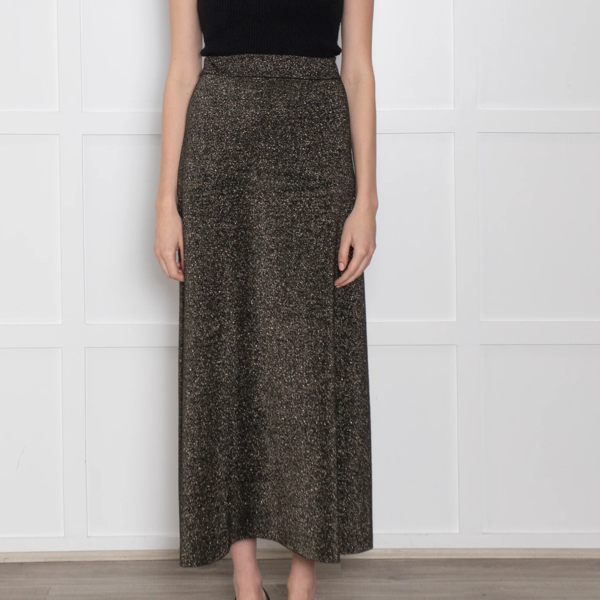 Cefinn Black & Gold Wool/Lurex Long Elasticated Waist Skirt - Image 2