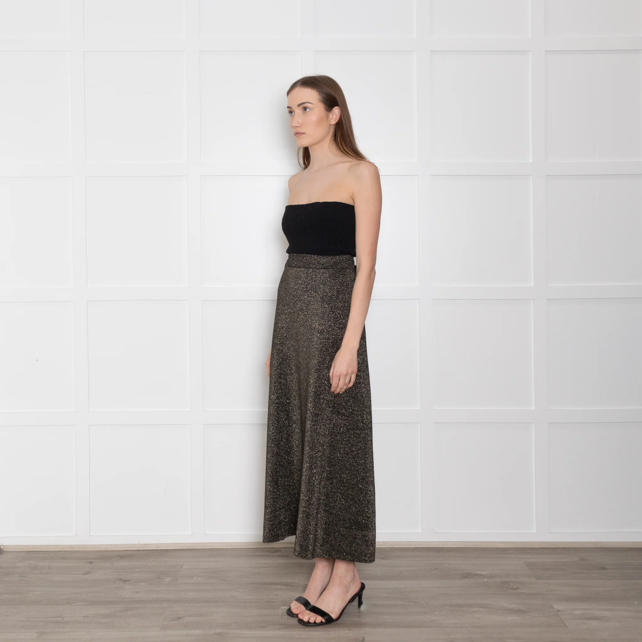 Cefinn Black & Gold Wool/Lurex Long Elasticated Waist Skirt - Image 4