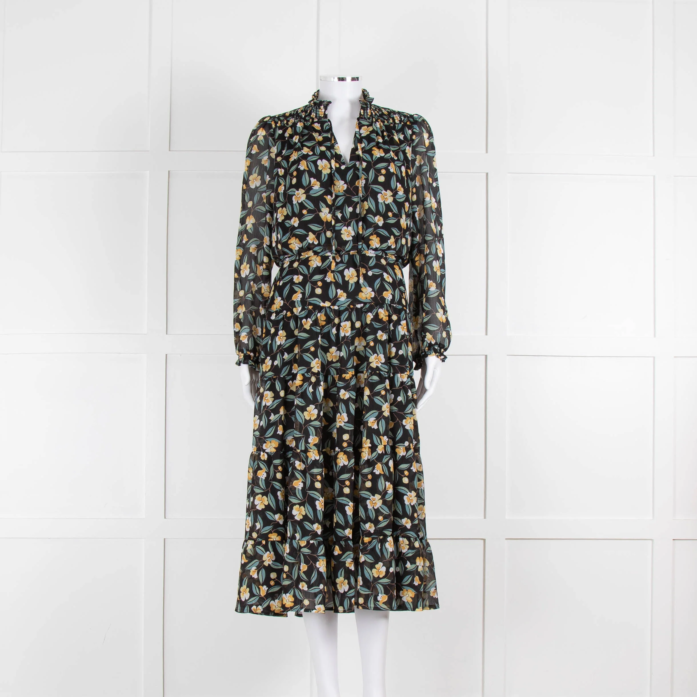 Cefinn Black Midi Dress in Yellow and Green Floral Print
