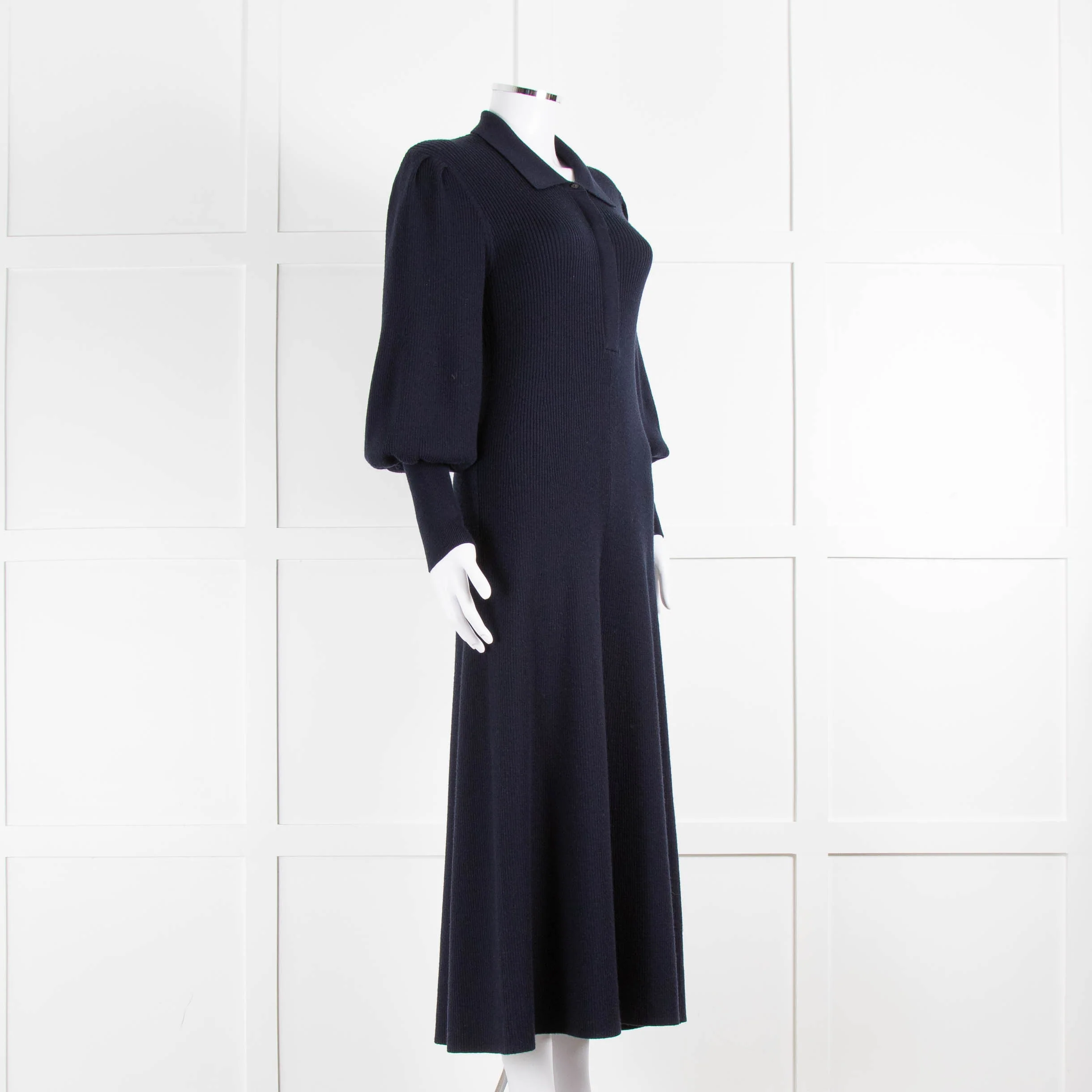 Cefinn Blue Eva Collared Merino Knit Dress With Blouson Sleeve - Image 2